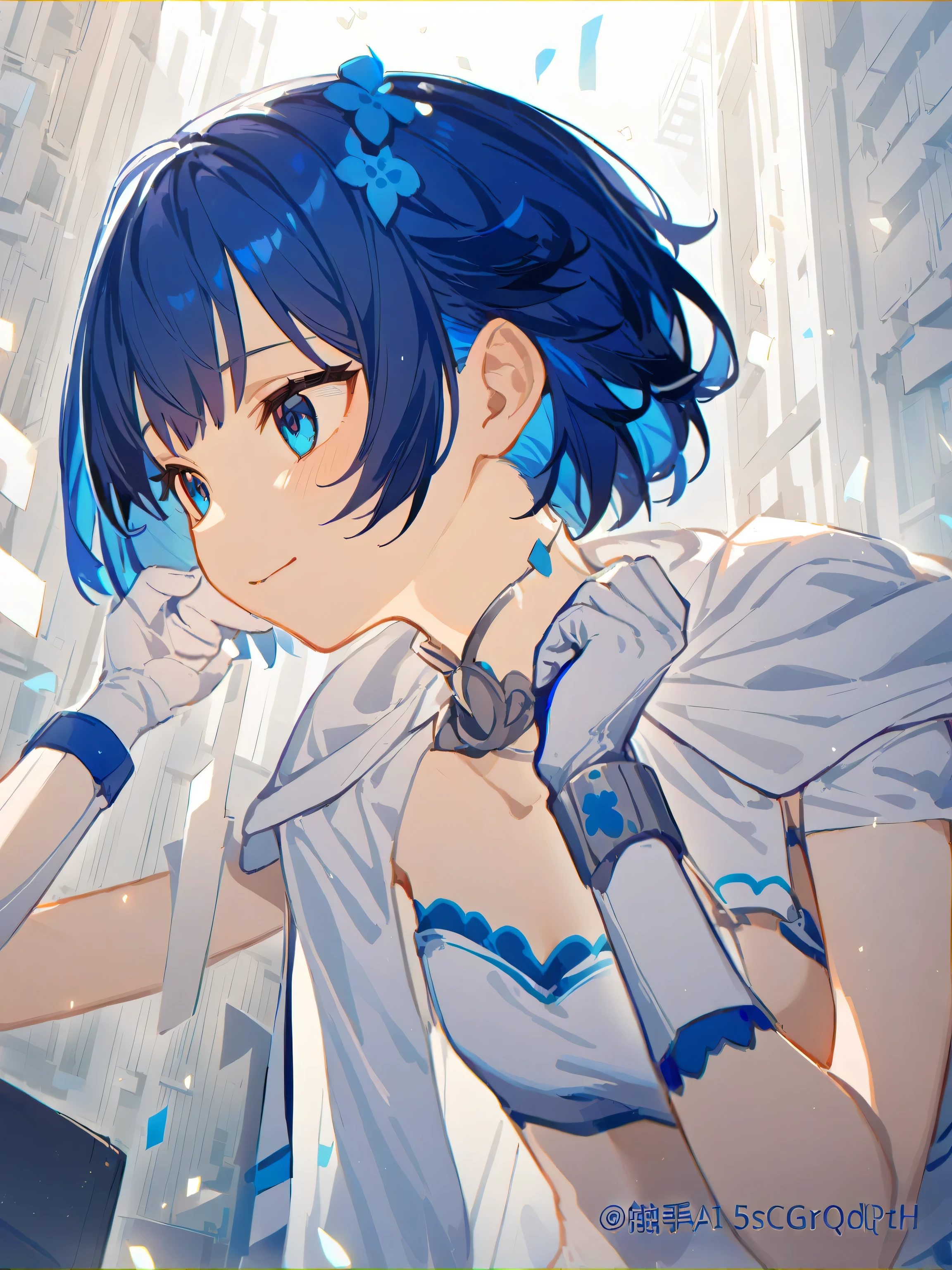 (((blue magical girl))), solo, black hair, (short hair), city town, angry, hair pin, monitor
