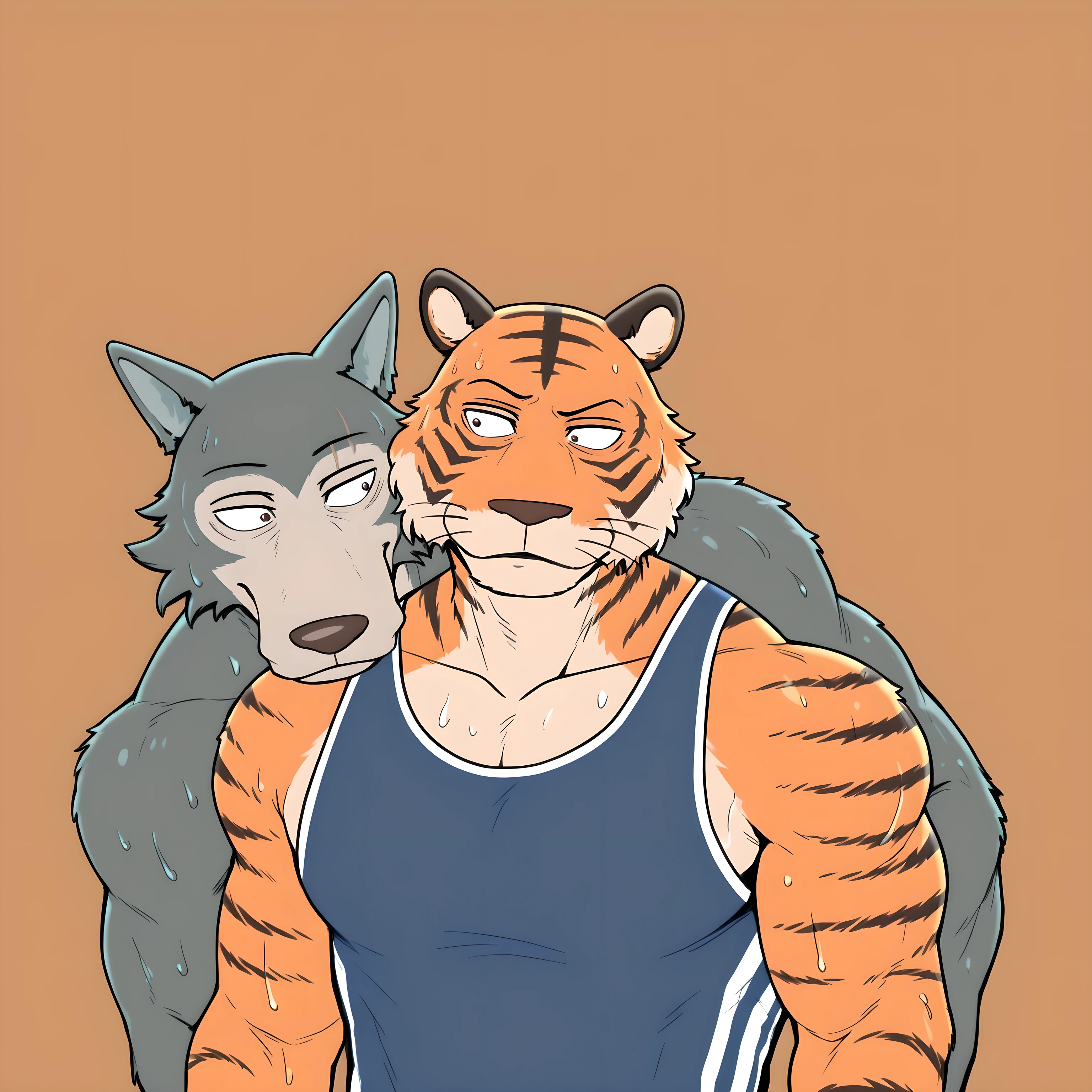 l3gosh1, beastars, male, wolf, muscular, athletic, masculine, (small eyes), BillBeastars, male, anthro, bengal tiger, tiger, beastars, brown eyes, muscular male, athletic build, orange fur, black stripes, flat color, sweaty wrestling_singlet, simple background, sweaty body, hug from behind, two characters, multiple characters, looking at each other