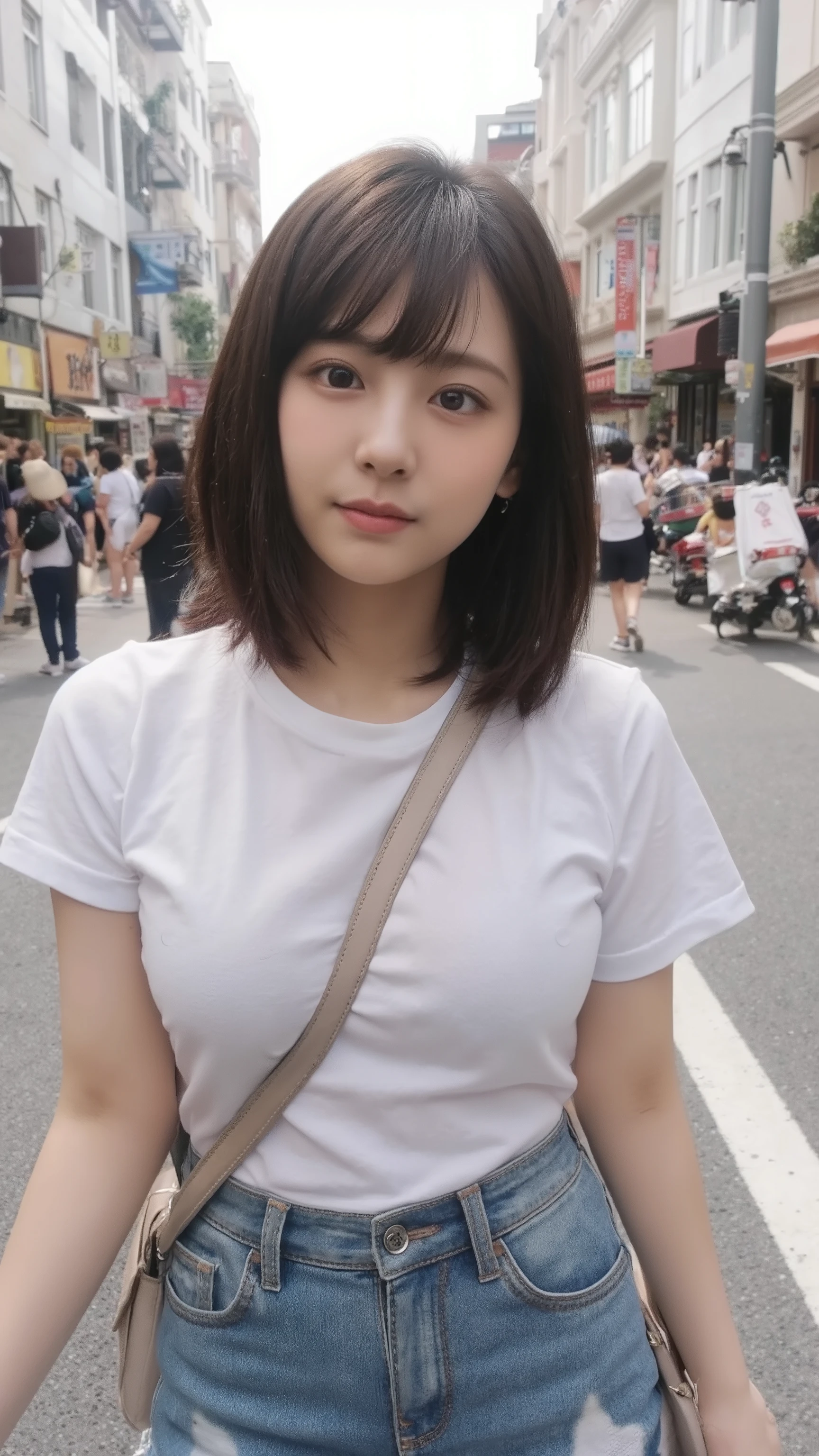 Smiling girl walking through a street corner in Tokyo where many people come and go。I'm wearing a white t-shirt and a tight denim mermaid long skirt、 sneakers similar to Oko 。 with beautiful short black hair and tanned skin is looking at me with an upturned gaze。I'm hanging my sports bag diagonally、Photorealistic image of the bag strap passing between the chest 、Large breasts are emphasized。Photorealistic image of a full-body composition seen from the front、(paisla)、(Big Breasts:1.3)、(Tight denim skirt:1.3)