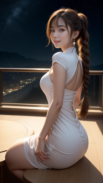 French gp white chinese style zen dress,Transparent see-through gauze material,In the endless steppe,Plump figure,The buttocks are large,Cleavage is pronounced,Sexy figure,Sunlight,Clothes shine through,The mons pubis is obviously bulging,The pubic bone is wide and shining,Crotch has more details,Twist braids,jewelry on neck,It's fun to smile,Show off your figure in all aspects,Rear view mainly,Sunlight,windy,Ray tracing,Extremely high quality,Best results,extremely high resolution fingers,Very fine facial details,Beautiful eyes shining,beautiful lips,Very nice hands,No extra arms or fingers