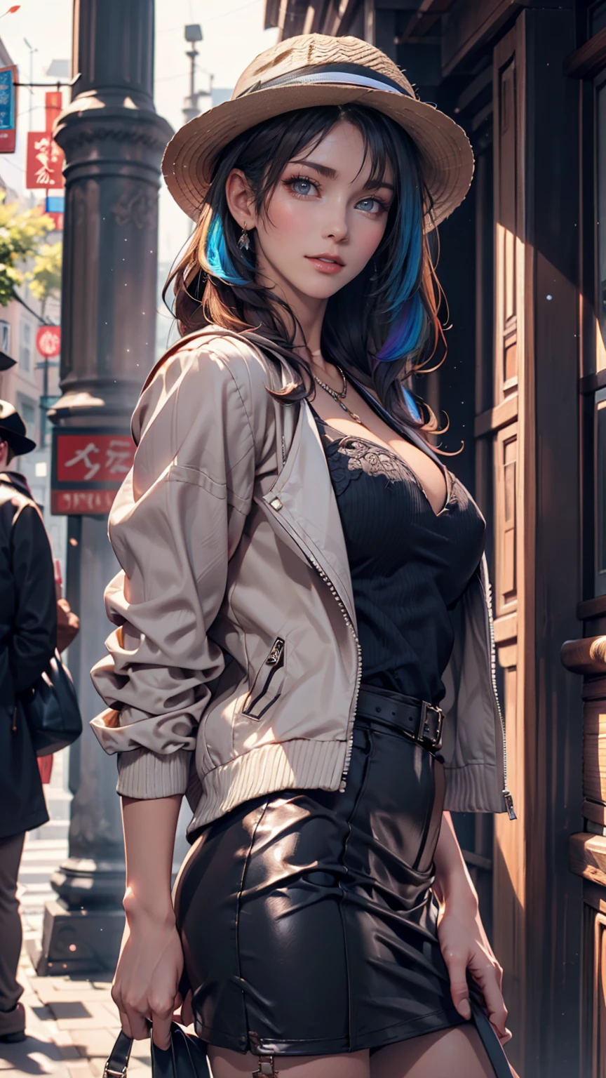 Masterpiece, high quality, 4k, large breast, cleavage, black bra, outdoor, dynamic poses, jeans, navel, smile, (night:1.5), cowboy shot, modeling, tokyo, crowds, standing, detailed face, (black coat:1.4), (yelanrnd)