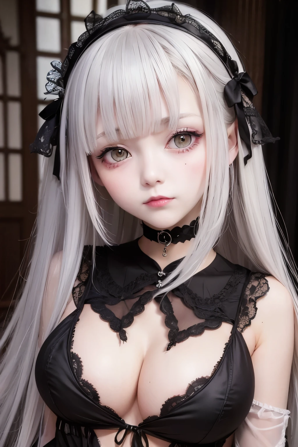 young girl, gothic lolita, good anatomy, (black long hair), (shiny fabric), (micro bikini), good thighs, good hands, sexy camisole
