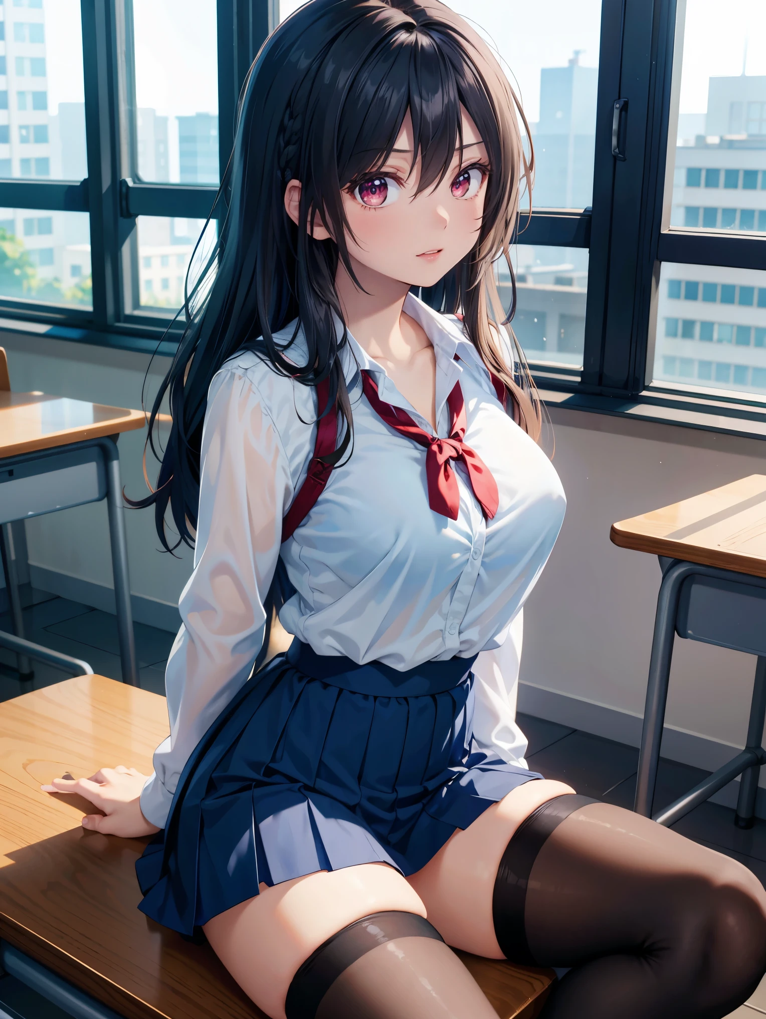 Thich thighs big boobs school anime 4girl in the class mini skirt school unıform beautiful in the class classmate fishnet stockings