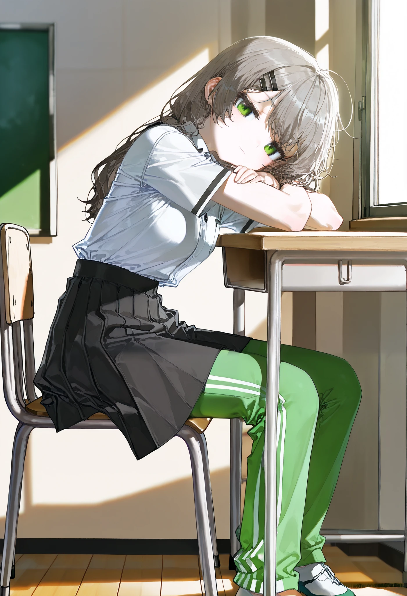 masterpiece, best quality, absurdres, very aestetic, (artist:wagashi (dagashiya)), artist:healthyman, artist:mameojitan, artist:mx2j, artist:quasarcake, from side, desk, ((1girl)), sitting, on chair, wooden desk, classroom, wooden chair, arm rest, white shirt, short sleeves, collared shirt, jitome, black skirt, miniskirt, (((black skirt, track pants, green pants, striped pants, pants under skirt))), outstretched legs, legs apart, head tilt, looking at viewer, arms on table, facing viewer, window shadow, brown hair, grey hair, long hair, black hair clip, bangs, green eyes