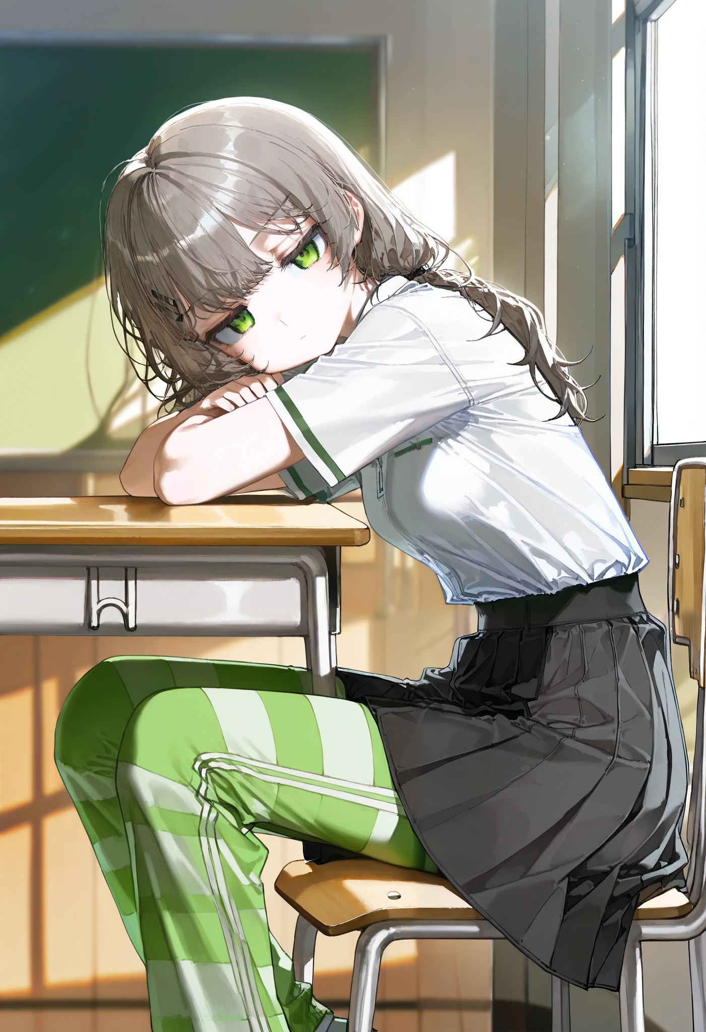 masterpiece, best quality, absurdres, very aestetic, (artist:wagashi (dagashiya)), artist:healthyman, artist:mameojitan, artist:mx2j, artist:quasarcake, from side, desk, ((1girl)), sitting, on chair, wooden desk, classroom, wooden chair, arm rest, white shirt, short sleeves, collared shirt, jitome, black skirt, miniskirt, (((black skirt, track pants, green pants, striped pants, pants under skirt))), outstretched legs, legs apart, head tilt, looking at viewer, arms on table, facing viewer, window shadow, brown hair, grey hair, long hair, black hair clip, bangs, green eyes