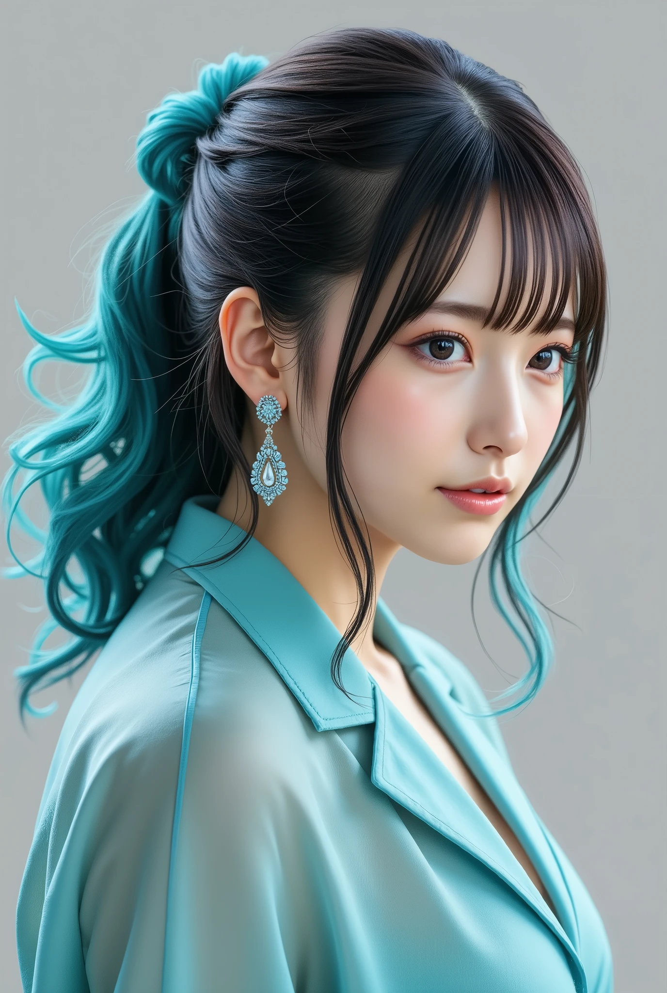 an image of a person with a flowing, sculptural hairstyle and garment that echo the movement of water. The hair and attire should be crafted with smooth, swirling patterns that extend and blend into each other, in a seamless and organic fashion. The color scheme should be a gradient of turquoise to aquamarine, set against a neutral gray background to emphasize the subject. The subject's pose should be elegant and poised, with a profile view showcasing refined features and a calm, contemplative expression. Add a detailed, ornate earring to the subject to bring an additional element of sophistication. The lighting should cast soft shadows to define the swirling forms, creating a luxurious and modern aesthetic."