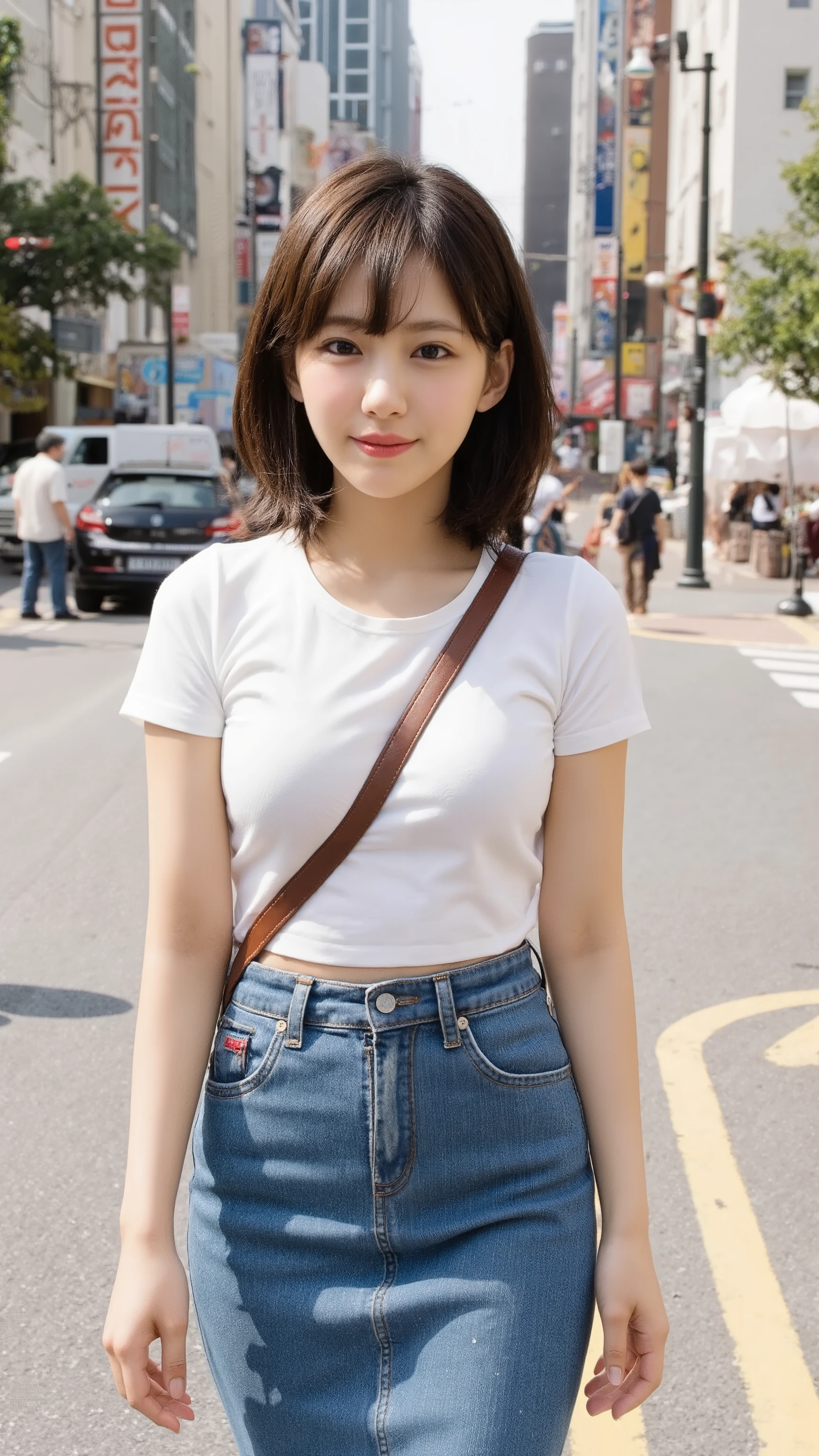 Smiling girl walking through a street corner in Tokyo where many people come and go。I'm wearing a white T-shirt and a tight denim mermaid-line long skirt、 sneakers similar to Oko 。 with beautiful short black hair and tanned skin is looking at me with an upturned gaze。I'm hanging my sports bag diagonally、Photorealistic image of the bag strap passing between the chest 、Large breasts are emphasized。Photorealistic image of a full-body composition seen from the front、(paisla)、(Big Breasts:1.3)、(Tight denim skirt:1.3)