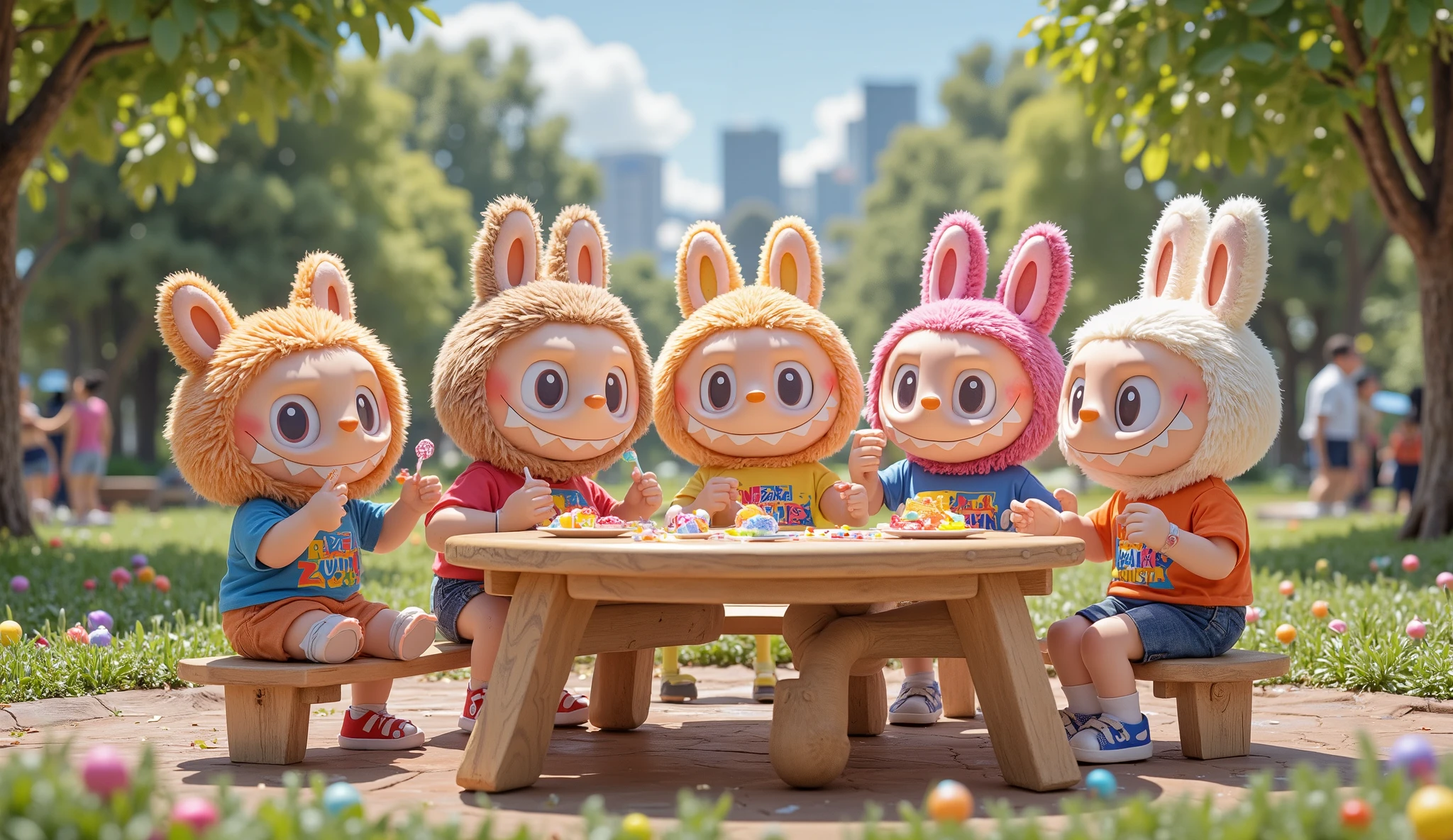 "Labubu and friends are sitting around a park table, laughing happily after enjoying their candies. They wear colorful t-shirts with 'Zahra Music'. Some of Labubu's friends are holding candies while others are brushing their teeth with small toothbrushes, making sure to take care of their teeth after eating sweets. The park is bright and cheerful, with a lively atmosphere and lots of colors.