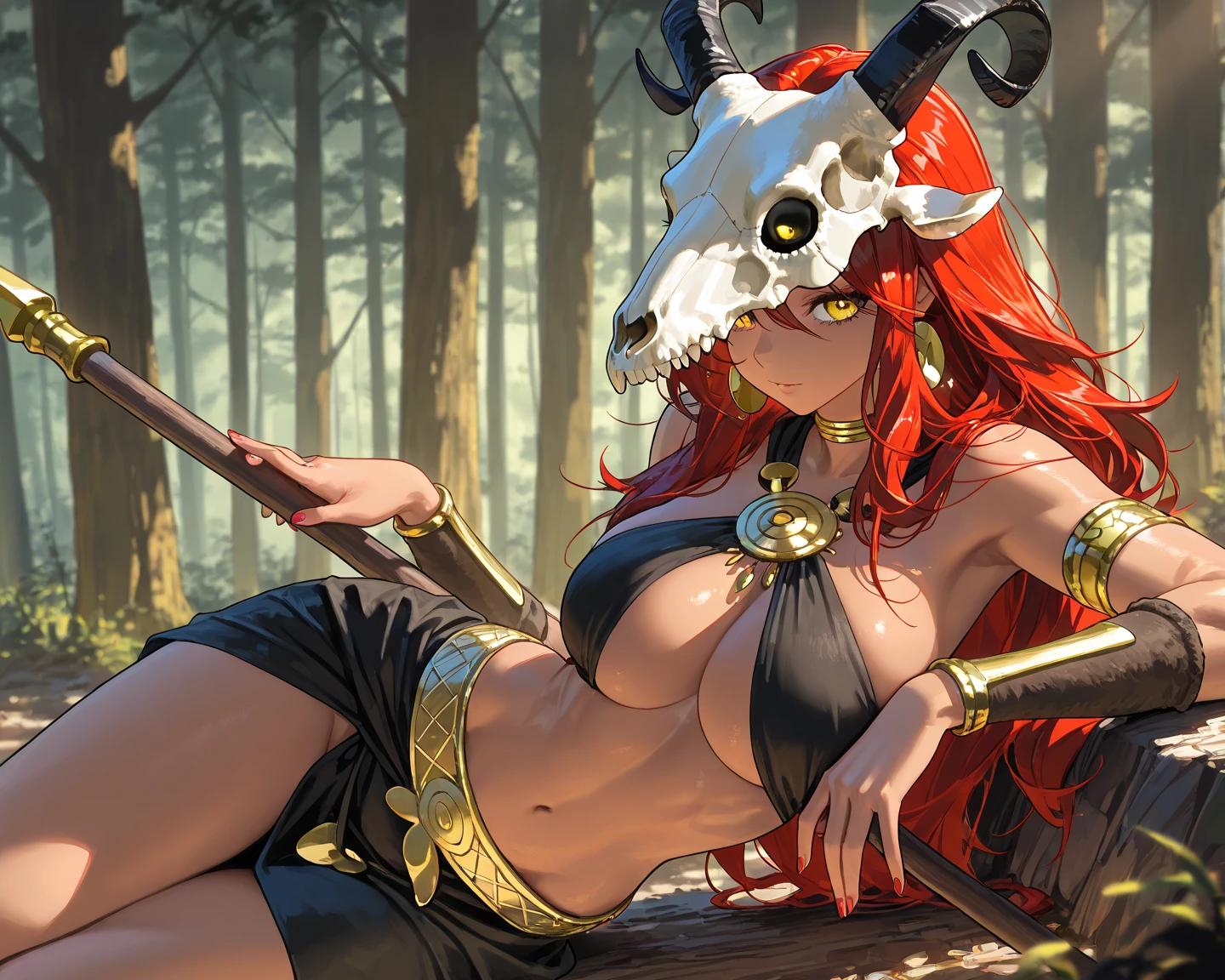 score_9, score_8_up, score_7_up, (An Anthro furry wolf girl, golden blonde furry body, red hair, MaleniaDef, helmet, covered eyes, covered eyes, single mechanical arm, managing right arm, prosthesis), naked, nipples, full body shot, barefoot, majestically sitting on a tree trunk, in a cave with overgrown trees and vines, indoors