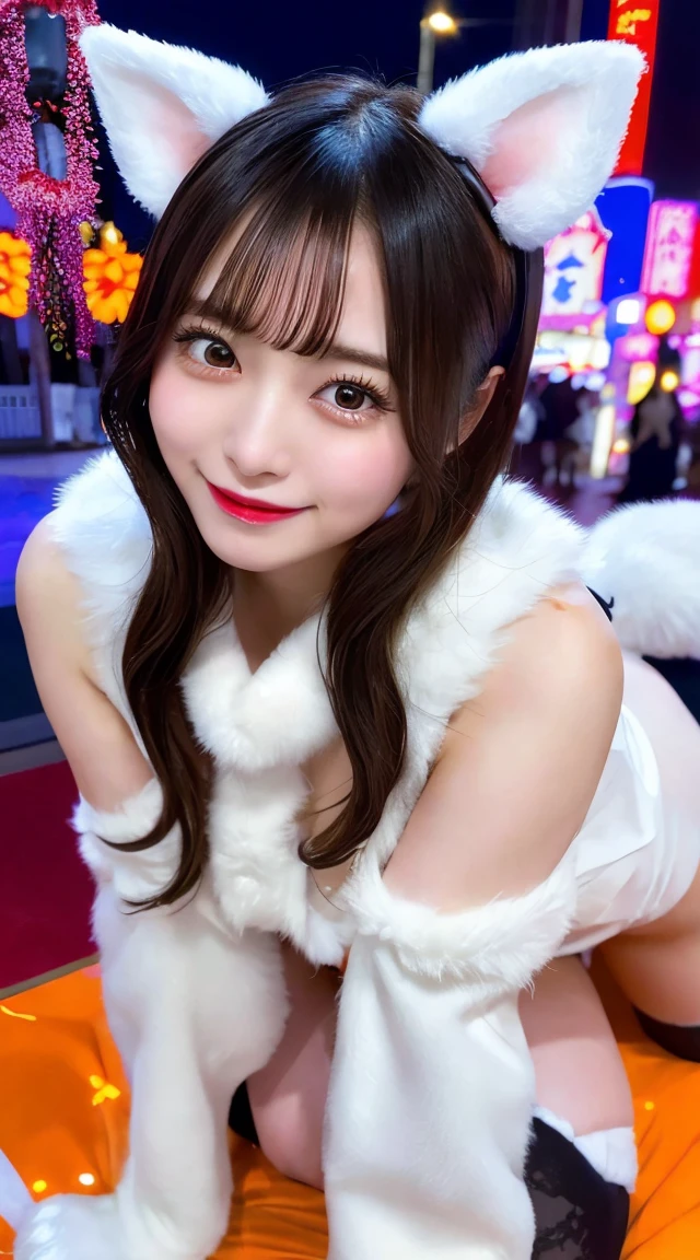 photo of a beautiful jpn-gyaru, Halloween, angle-from-below, side shot, looking for viewer, bewitching wide eyes, eyelashes, sensuous smile, hyper realistic, hyper detailed, god light, (detailed skin:1.5), mole, shiny black-hair, (Adam's apple, beauty bone, cleavage),
Generate an illustration of a kawaii gal in a glossy white bunny suit with cat ears, strolling through Tokyo. Emphasize her sailor collar, charming ribbon accents, and thigh-high stockings with whimsical patterns. Include a fluffy white tail, and let the city lights create a magical, enchanting atmosphere,
in city, TOKYO, Halloween, street,
(((japanese Idol))),