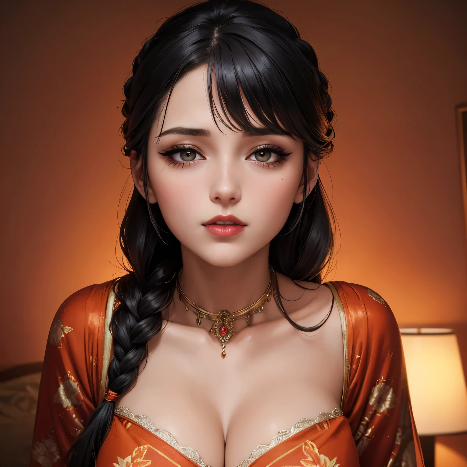 best quality, masterpiece, High resolution, a girl, Ming Dynasty clothing, necklace, jewelry, pretty face, big breasts, more than_Body, Tyndall effect, lifelike, dark studio, edge lighting, two-tone lighting, (HD skin: 1.2), 8K Ultra HD, SLR camera, soft light, high quality, Volumetric lighting, frank, photography, High resolution, 4K, 8K, Bokeh,