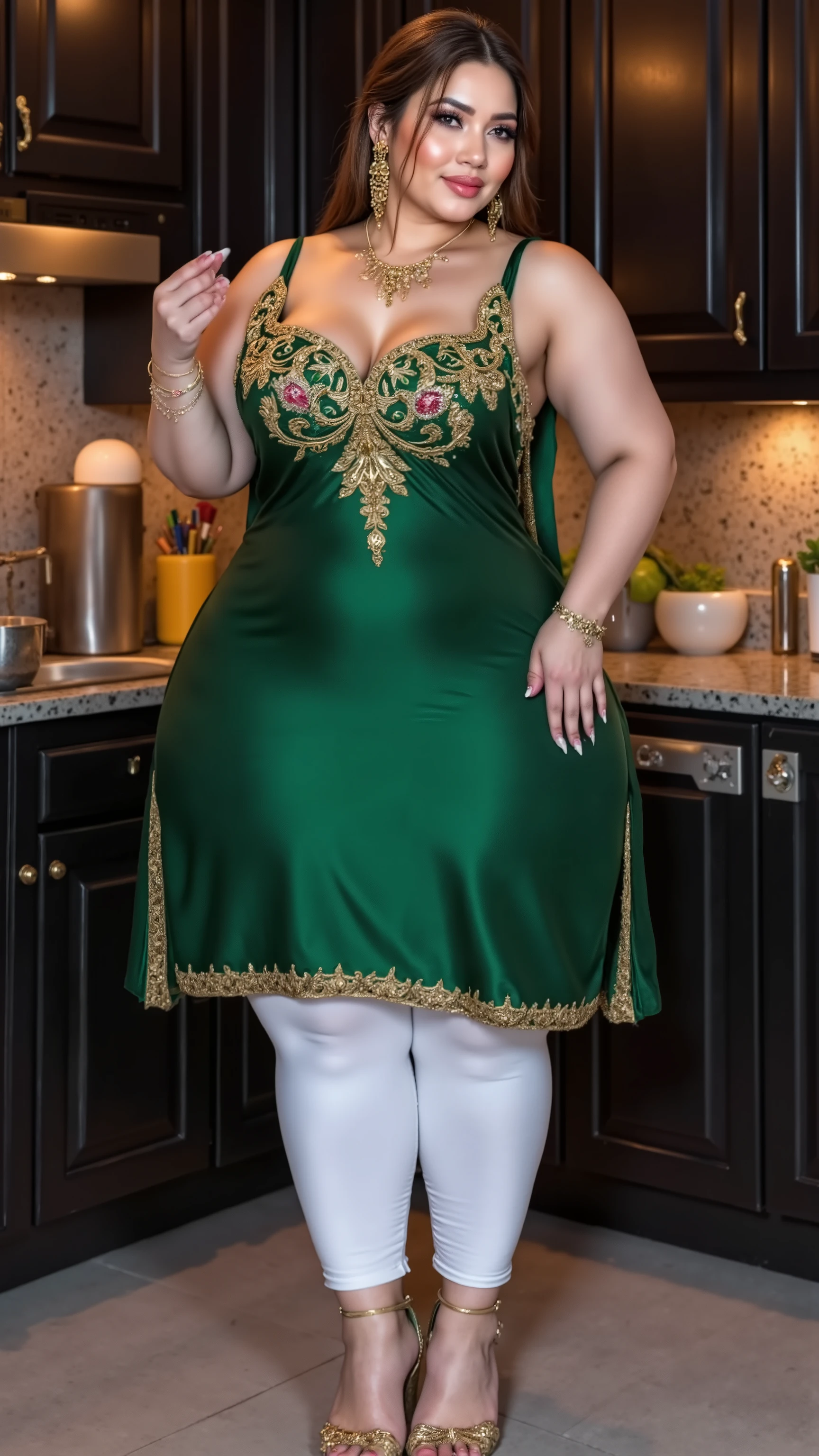 I am 40 year old plus size tall and big giant indian muslim women, looking like indian actress hansika motwani ,wearing a shining glossy white tight capri leggings and Sleevless green indian kurti,red hijab golden nose rings,nose stud, anklet,hanging ear rings,long golden chain on neck,white-skin,white skin tone, beautiful face, dark red lips, clean skin,low bun hair,celebrity face,gold stelito heels,thick leggs, round ass,bulging ass,huge breast, side view of woman,washing dishes in a black painted beautiful kitchen,,only side view of woman, head towards viewer