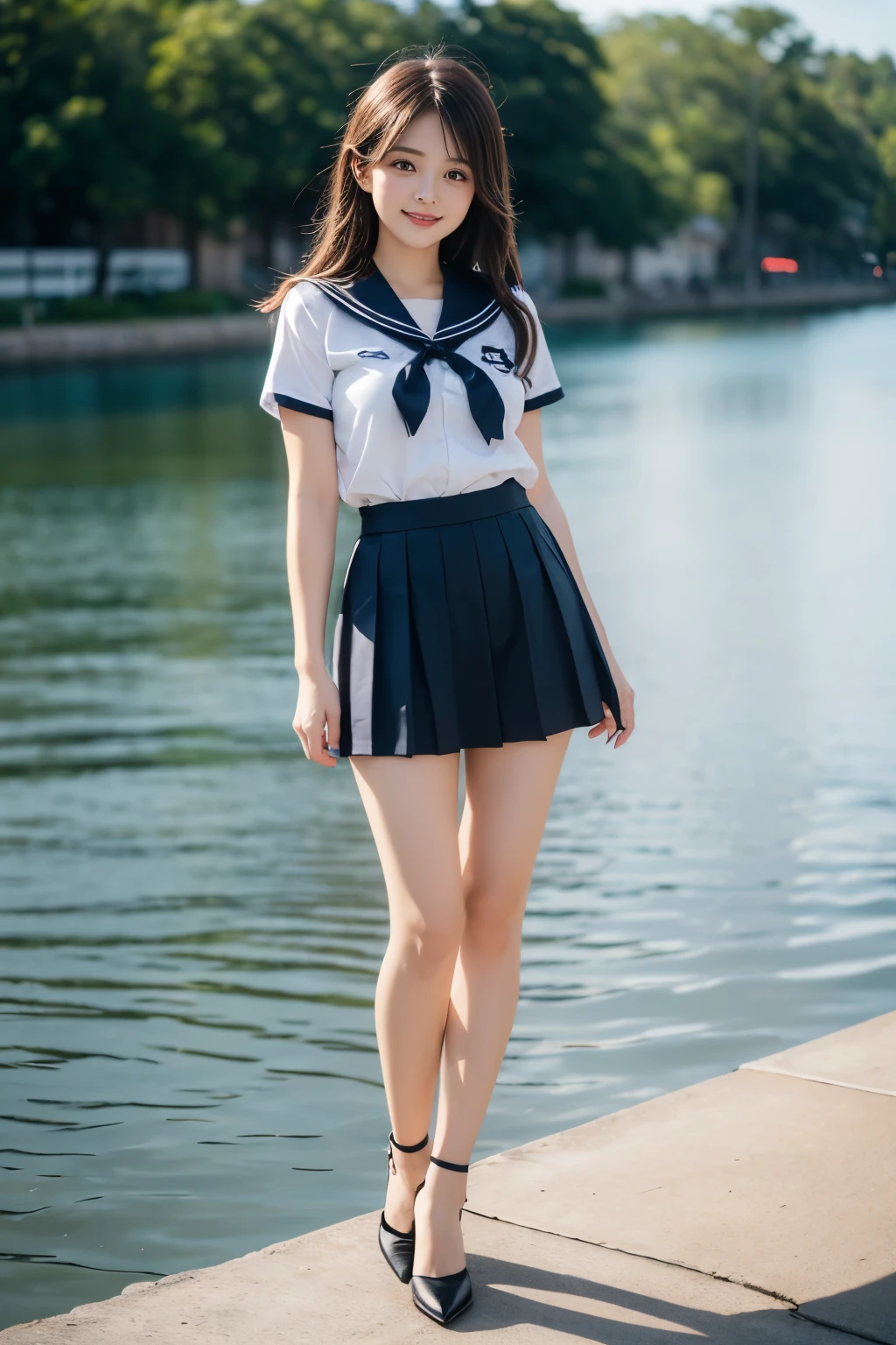 A high school girl standing by the poolside of an empty school、Cute Face、Summer uniform、miling、Full body portrait