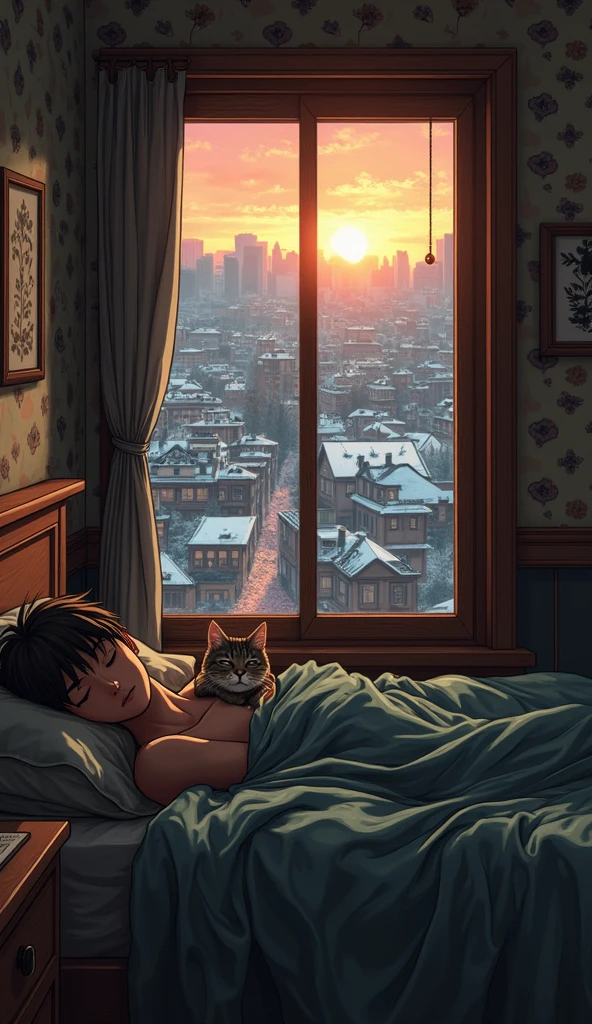 Create an anime-style image of a dark, cozy bedroom with a full view ...