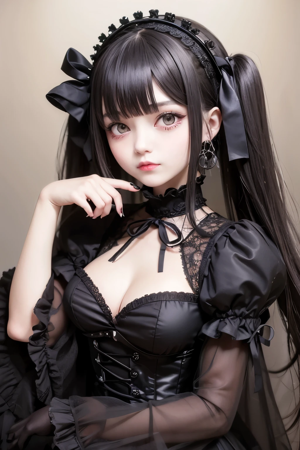Detailed face、highlight、Asian Girl、thigh、breast enhancement、Black Hair、Heavy bangs、Gothic Lolita、