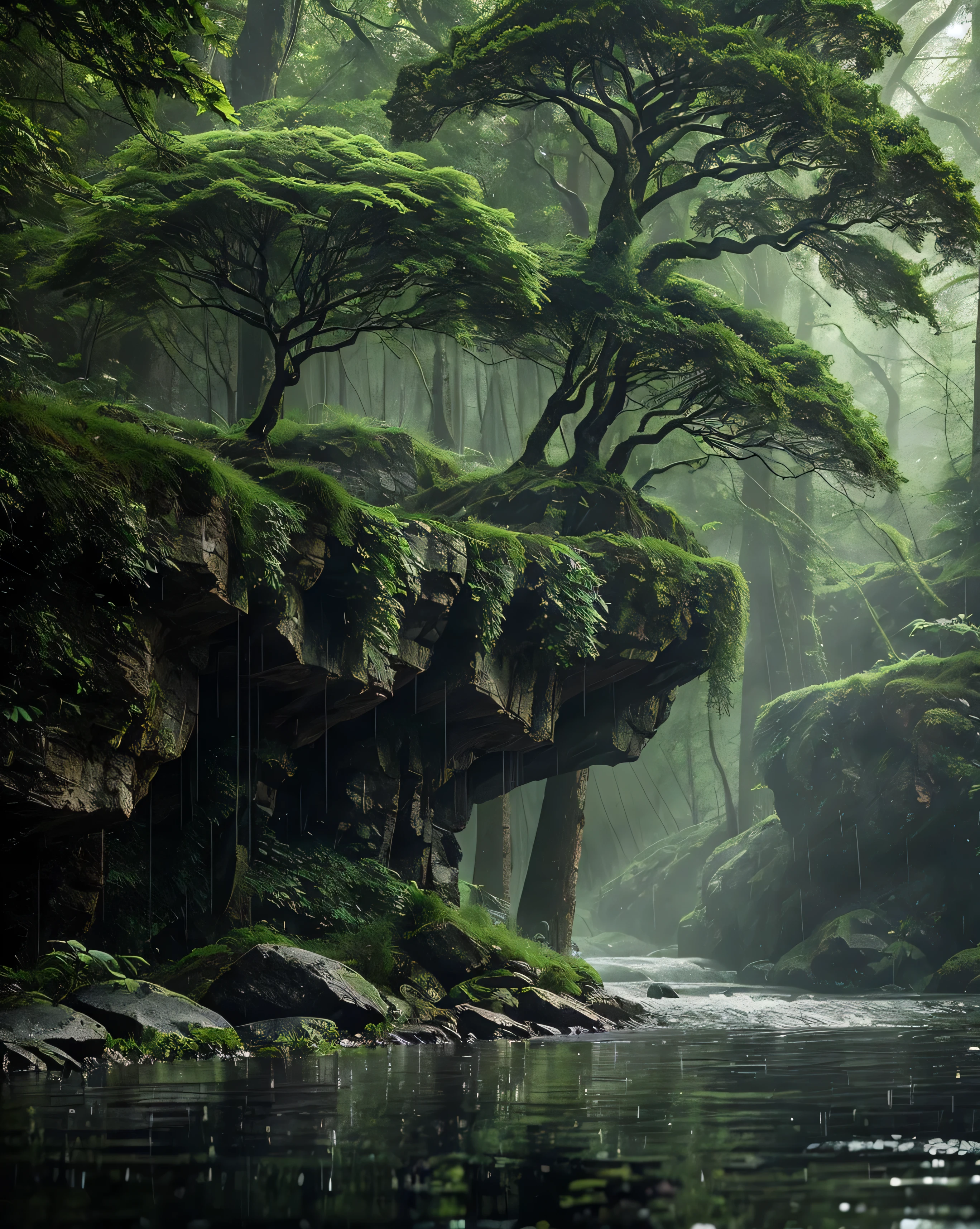 Green Hummer Under the Drizzle
The air is filled with the scent of wet soil , mixed with the freshness of the freshly touched leaves of the rain . This small forest is like a world at a standstill , only the sound of water drops accompanies the silence . Mossy old stones leaning under the lush trees , as if to be a silent witness to time travel . The mist hanging between the trunks of trees gives the impression of hovering, while the mountain in the distance stands majestically , half hidden behind a curtain of mist .