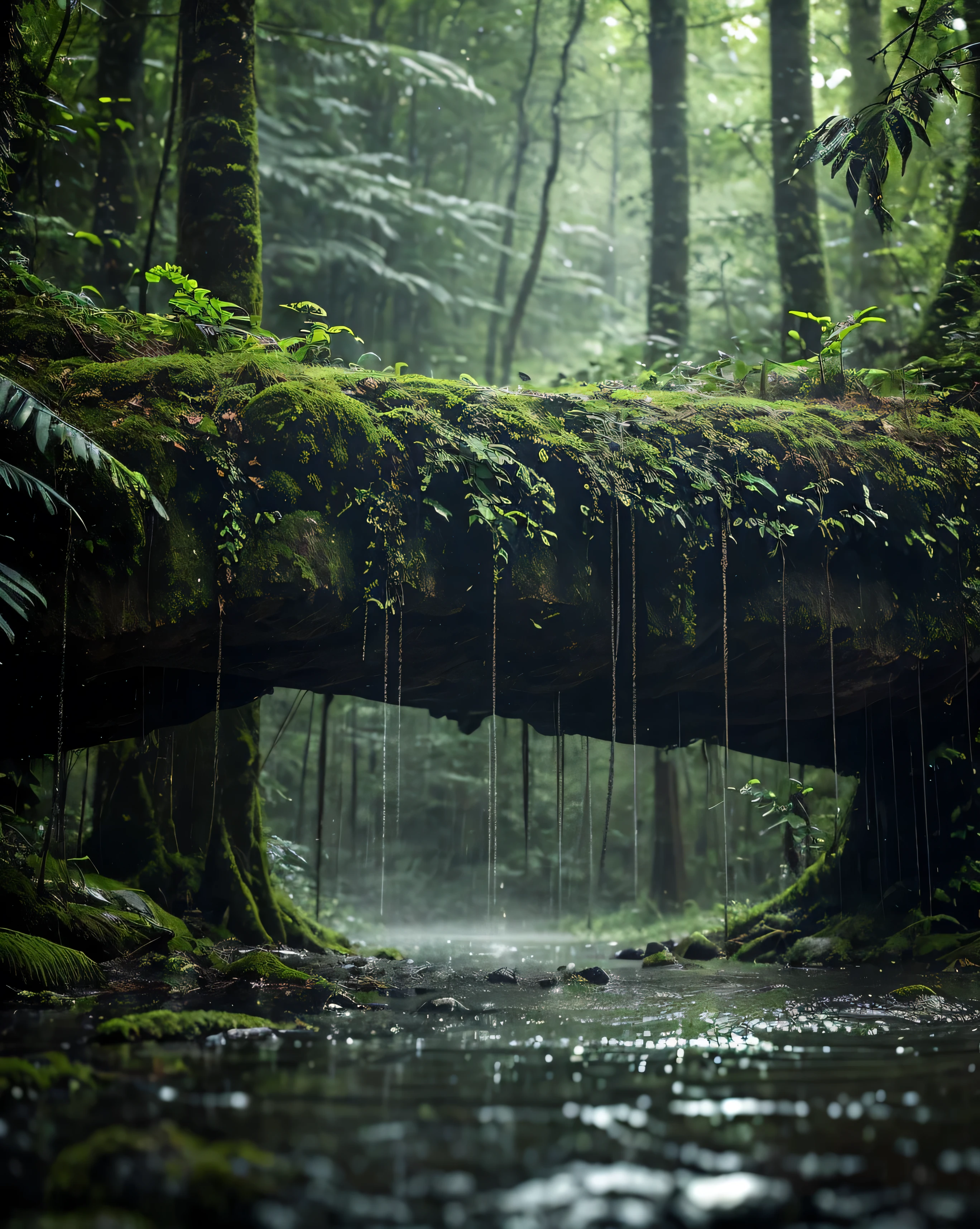 Green Hummer Under the Drizzle
The air is filled with the scent of wet soil , mixed with the freshness of the freshly touched leaves of the rain . This small forest is like a world at a standstill , only the sound of water drops accompanies the silence . Mossy old stones leaning under the lush trees , as if to be a silent witness to time travel . The mist hanging between the trunks of trees gives the impression of hovering, while the mountain in the distance stands majestically , half hidden behind a curtain of mist .