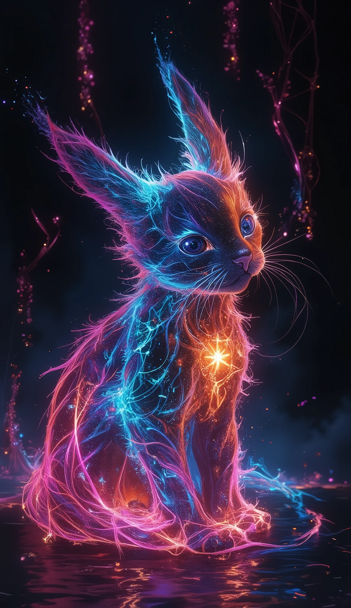 colorful kitten painting on black background,, Breathtaking depiction, In a shining connection, Inspired by Kinuko Y. Crafting,, Magical Elements, 【Kitten Icon, Wow, Is a beautiful , I'm casting a multicolored spell, bright flash , flash