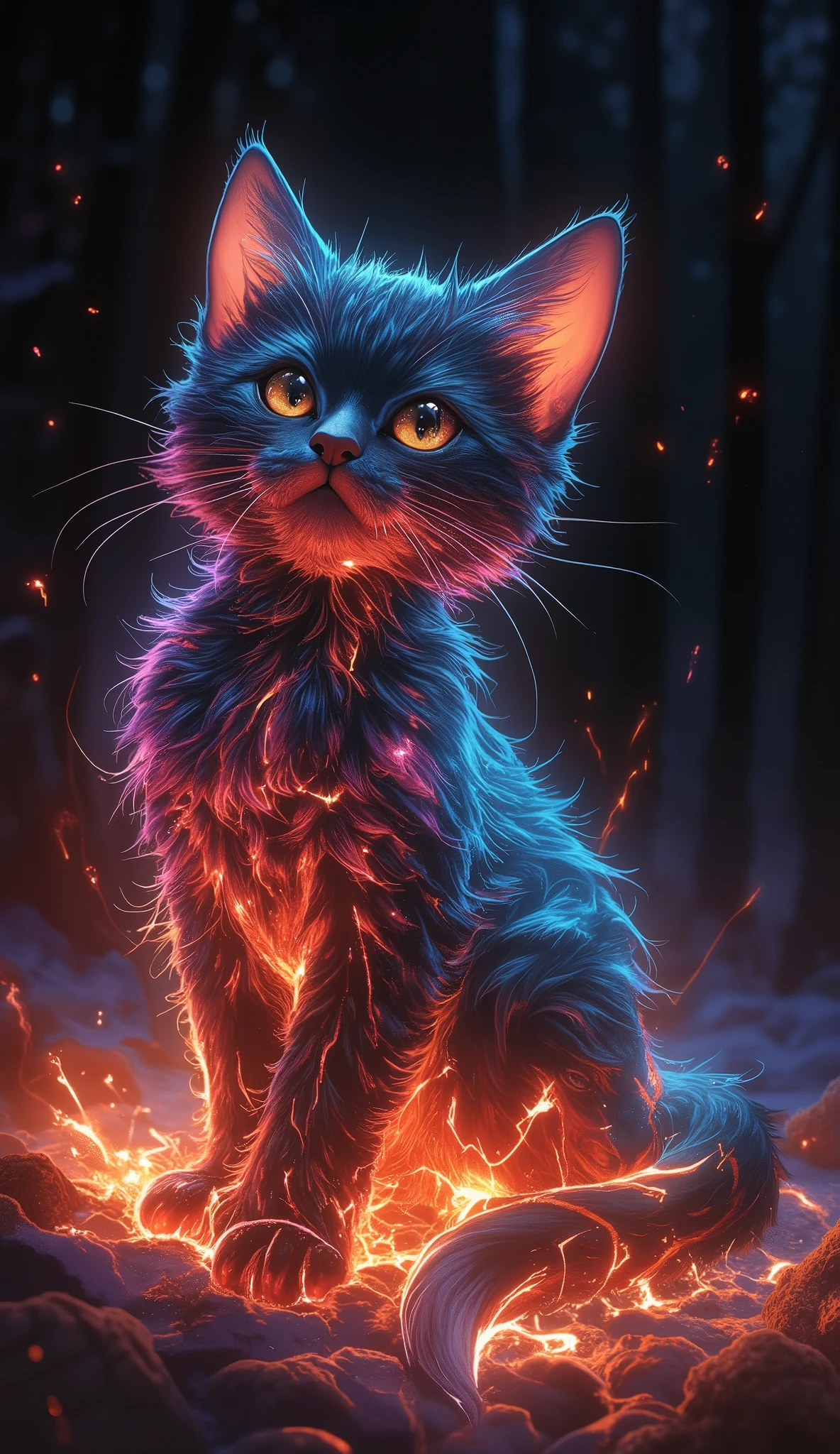 colorful kitten painting on black background,, Breathtaking depiction, In a shining connection, Inspired by Kinuko Y. Crafting,, Magical Elements, 【Kitten Icon, Wow, Is a beautiful , I'm casting a multicolored spell, bright flash , flash