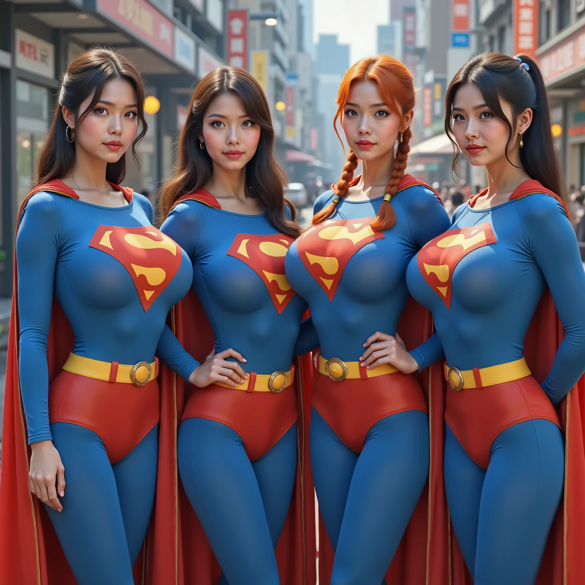4 ADULT BRITTISH CATHOLIC SCHOOL BABES. ONE KOREAN WITH BRUNETTE HAIR, ONE CHINESE WITH ORANGE/RED BRAIDED HAIR, ONE CHINESE WITH BLACK HAIR PIG TAILS, ONE AMERICAN WITH BLONDE HAIR IN A PONY TAIL. ALL WITH BLUE EYES. real photograph, 4 young looking incredibly busty MATURE girls with young innocent frightened faces, sexy bodies, and large heavy plump breasts, , deep cleavage, pouty expressions. ALL WEARING A IDENTICAL 1980 BLUE SUPERMAN SUIT WITH LARGE "S" EMBLEMS, WITH YELLOW SUPERMAN BELT AND LONG RED CAPE WITH GOLD EDGING. PROUDLY WEARING THE "S" ON THEIR CHESTS., Smile, High Resolution, Detail, High Details, Super Detailed, Textured Skin, Retina, High Quality,