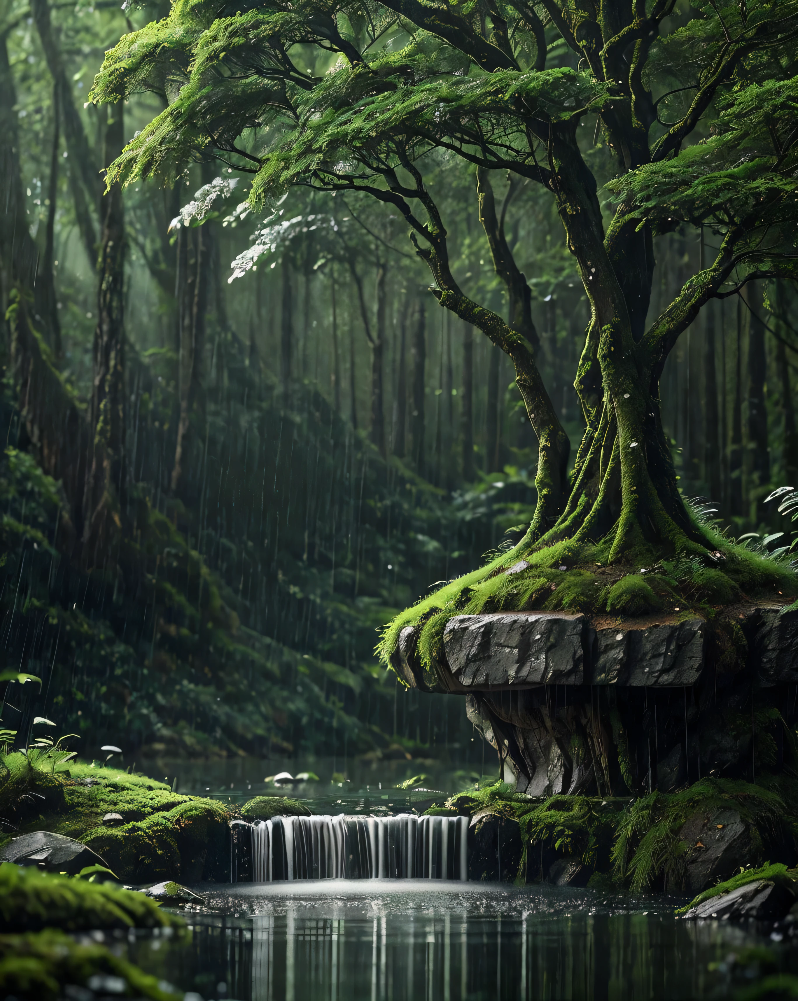 Green Hummer Under the Drizzle
The air is filled with the scent of wet soil , mixed with the freshness of the freshly touched leaves of the rain . This small forest is like a world at a standstill , only the sound of water drops accompanies the silence . Mossy old stones leaning under the lush trees , as if to be a silent witness to time travel . The mist hanging between the trunks of trees gives the impression of hovering, while the mountain in the distance stands majestically , half hidden behind a curtain of mist .