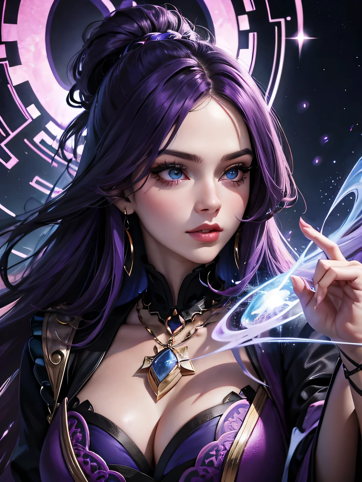Portrait, beautiful powerful 30-year-old witch with purple hair, wearing a glowing magical purple dress, wanting a kiss, hourglass figure, symmetrical figure, highly detailed face, beautiful face, fierce blue eyes, lush lips, alluring, stunning cosmic digital illustration
