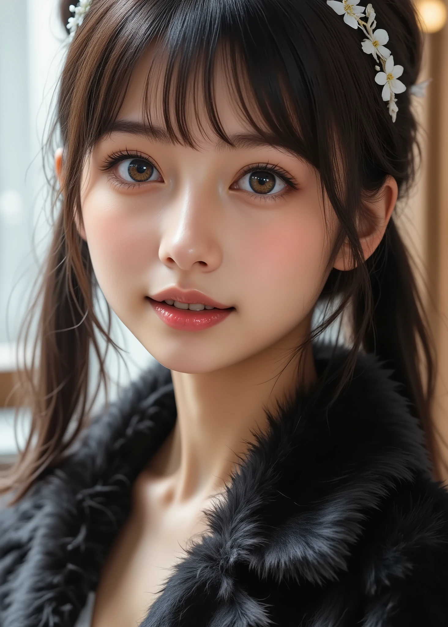 table top, top quality, shape, very detailed, finely, high resolution, 8k wallpaper, 完璧なダイナミックな構shape, Beautiful Delicate Eyes, Tokyo Trends冬ファッション,Tokyo Trends& randomly introduces cute hairstyles, small breasts, NATURAL COLOR LIPS, Random Sexy Poses, cute smile、 20 year old girl、 beautiful detailed face wearing a rough uniform、 perfect beautiful face, big eyes、 wearing a fluffy black luxury mink coat、 beautiful detailed faces 、 perfect and beautiful double eyelids、 blur the background、 perfect beautiful face、 bright expression 、 Twin Ponytail Hairstyles 、 beautiful face with a golden ratio 、 beautiful feet