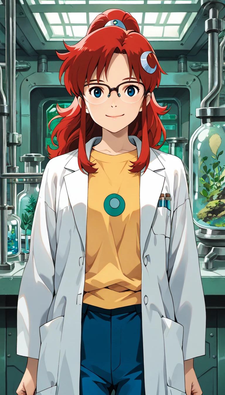 (1girl, Mary), (extremely detailed CG unit 8k wallpaper),(master part), (best quality), (ultra detail), (best illustration),(ghibli_style), cowboy shot, standing, facing viewer, looking at viewer, perfect face, perfect eyes, perfect fingers, (Sharp eyeliner, ombre, detailed eyes:1), traditional media, ghibli landscapes, scenery, indoors, Laboratory, test tubes, break , upper body, solo, smile, (Red hair, long hair, high ponytail , blue eyes, glasses, blue pants , yellow t-shirt, crescent hair ornament , lab coat, long sleeves)