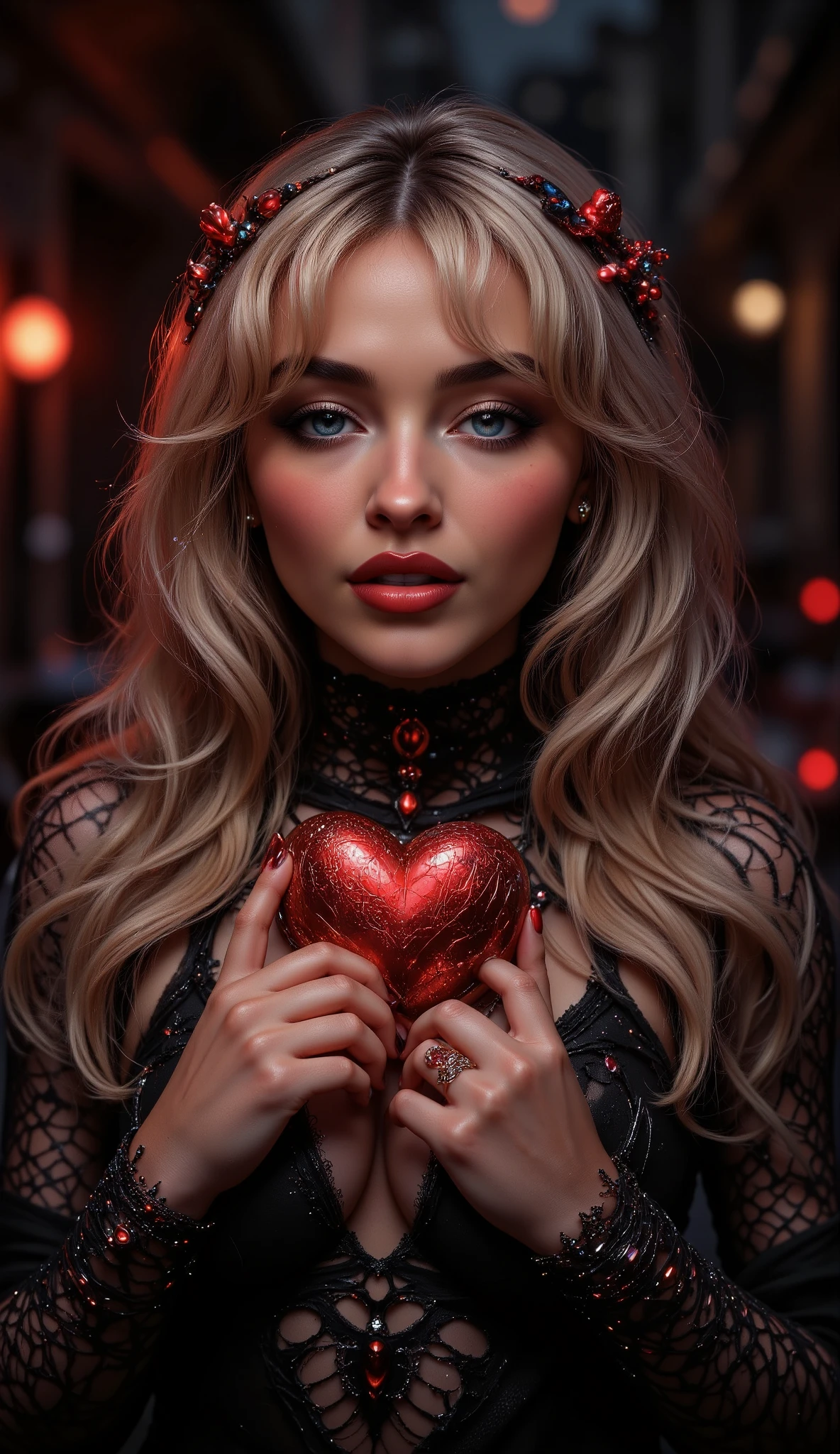 ((RAW Photo), absurd, (absurdresolution)), masterpiece, best quality, (Extremely detailed 8k unity CG wallpaper), (best illustration), (best shadow), Realistic lighting, beautiful detailed glow, girl, big breasts, black gothic dress with a deep neckline, accessories, (((giant big living heart))) in hand,red lipstick, (((Photographic Perspective of her))), drama lighning, glowing light, smoke, keep the same face and hair details of the selected LoRA, blonde, set the scenario in a romantic Paris in the middle of the night, seductive smile, wink eye