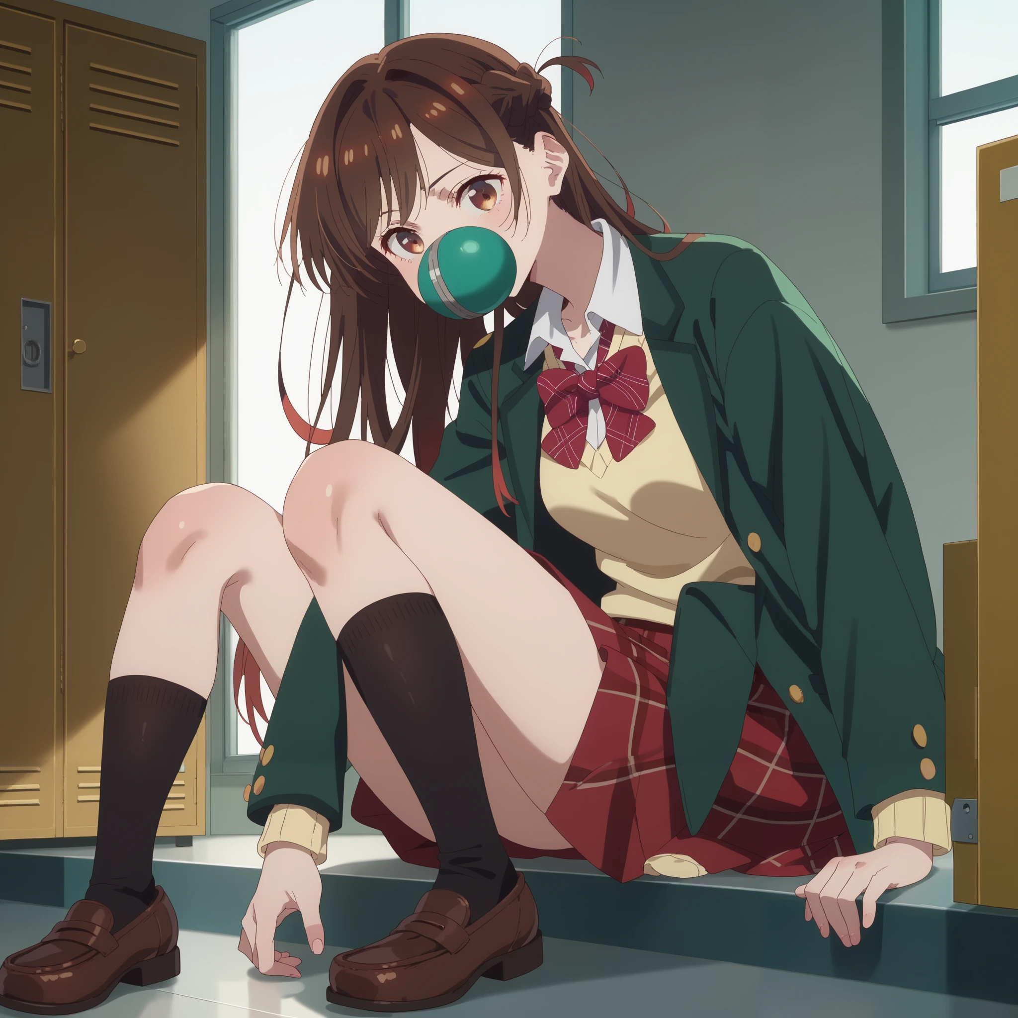 green, watches viewers, Alone, Chizuru Ichinose, 1 girl, brown hair, long hair, French Braid , brown eyes, school uniform , green jacket, yellow sweater , bow tie, plaid skirt that breaks small breasts, red skirt, Black Sox, indoors, locker, window_,sunset, holding your knee, Closeup Shot