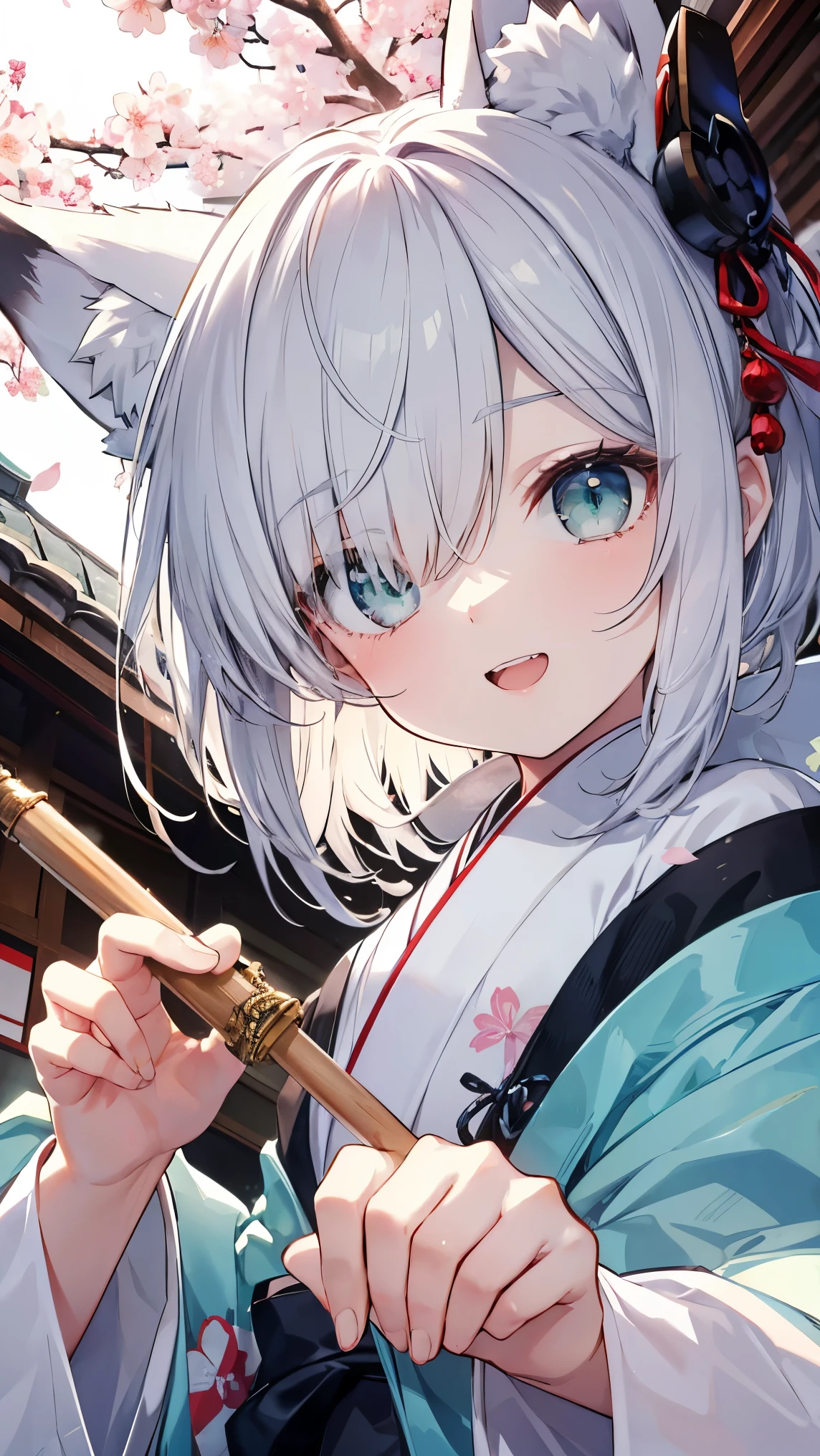 (top-quality、8K、Master masterpiece、nffsw:1.4)、((Mysterious))、((Engulfed in blue flames))、(There is a fiery fox)、Detailed shrine、foxfire、outside of house、Windy、shinny skin、absurderes、Detailed details, shadowy、foco nítido、extremely detailed eye and face、Sharp pupils、Realistic pupils、((1The fox tail of the book grows))、10 year old beautiful girl、disheveled silver hair、Short hair、Ponytail、Deep green eyes、Fox ears、Red Check Ribbon、Kimono、Pleated miniskirt、thighs thighs thighs thighs、Colossal tits、