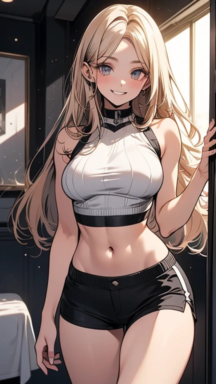 Realistic image, detailed image, 1 elf, She has red eyes, She has medium blonde hair with a red ribbon on the left side of her hair, She wears a short red blouse that exposes part of her stomach, sexy shorts. Stockings to mid-thigh, sneakers. She has big boobs, narrow waist, wide hips and thick thighs. smiling. Full body view. Arched back. white background. Uniform background. Volumetric light. Ambient light.