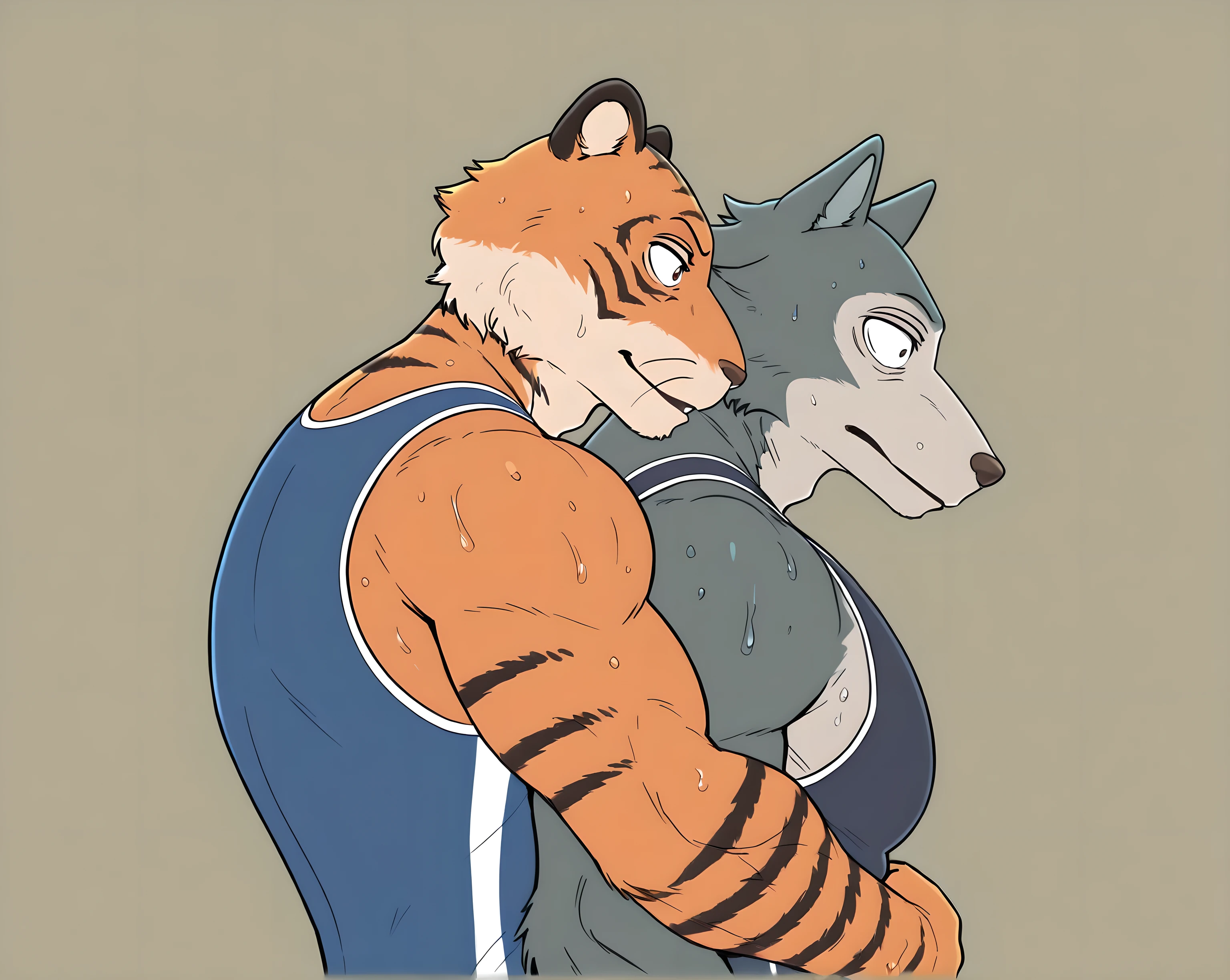 l3gosh1, beastars, male, wolf, muscular, athletic, masculine, (small eyes), BillBeastars, male, anthro, bengal tiger, tiger, beastars, brown eyes, muscular male, athletic build, orange fur, black stripes, flat color, sweaty wrestling_singlet, simple background, sweaty body, wrestling, wrestling against each other, two characters, multiple characters, side view, struggle, looking at each other,