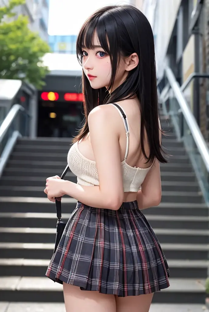 1girl,perky breasts,semi-long hair,deep black hair,straight hair,expressionless,looking back,mouth mask,perfect eyes,blue eyes,groomed eyebrows,
BREAK ,cardigan,tartan check skirt,frilled panties,upskirt,from below,
BREAK from behind,dutch angle,outdoor,station,escalator,((depth of field,portrait)),
BREAK score_9,source_anime,rating_explicit,uncensored,