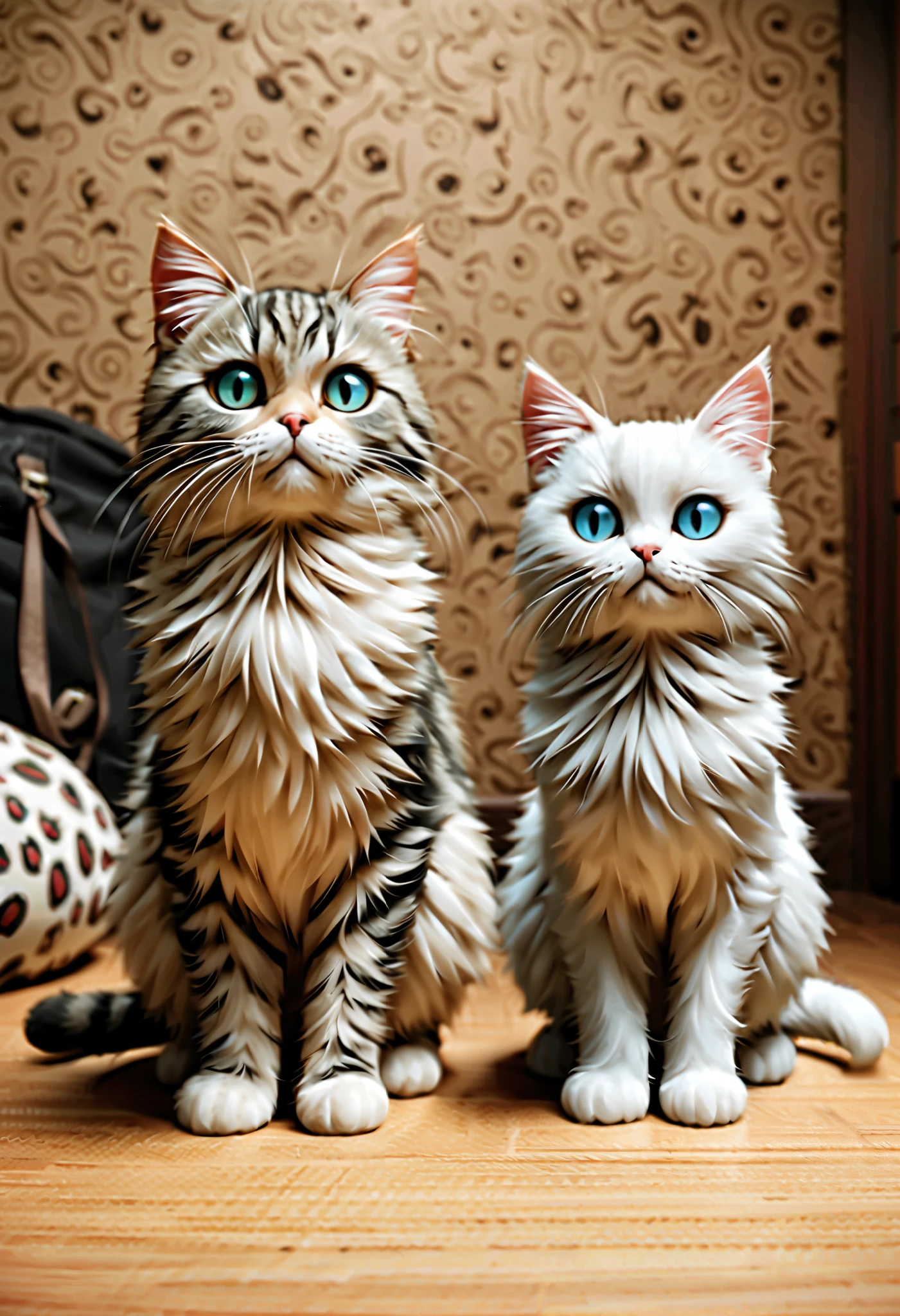 (Masterpiece), (top quality), (very detailed), 16k, wallpaper, big cat, open one's mouth, (((Three-haired cat))), (High Definition, masterpiece, Accurate, top quality, High Definition model, high detail, (((The textures are soft))), ((matte and toy-like with a handmade premium look)), (((Tim Burton style))), Back alleys in Japan, 