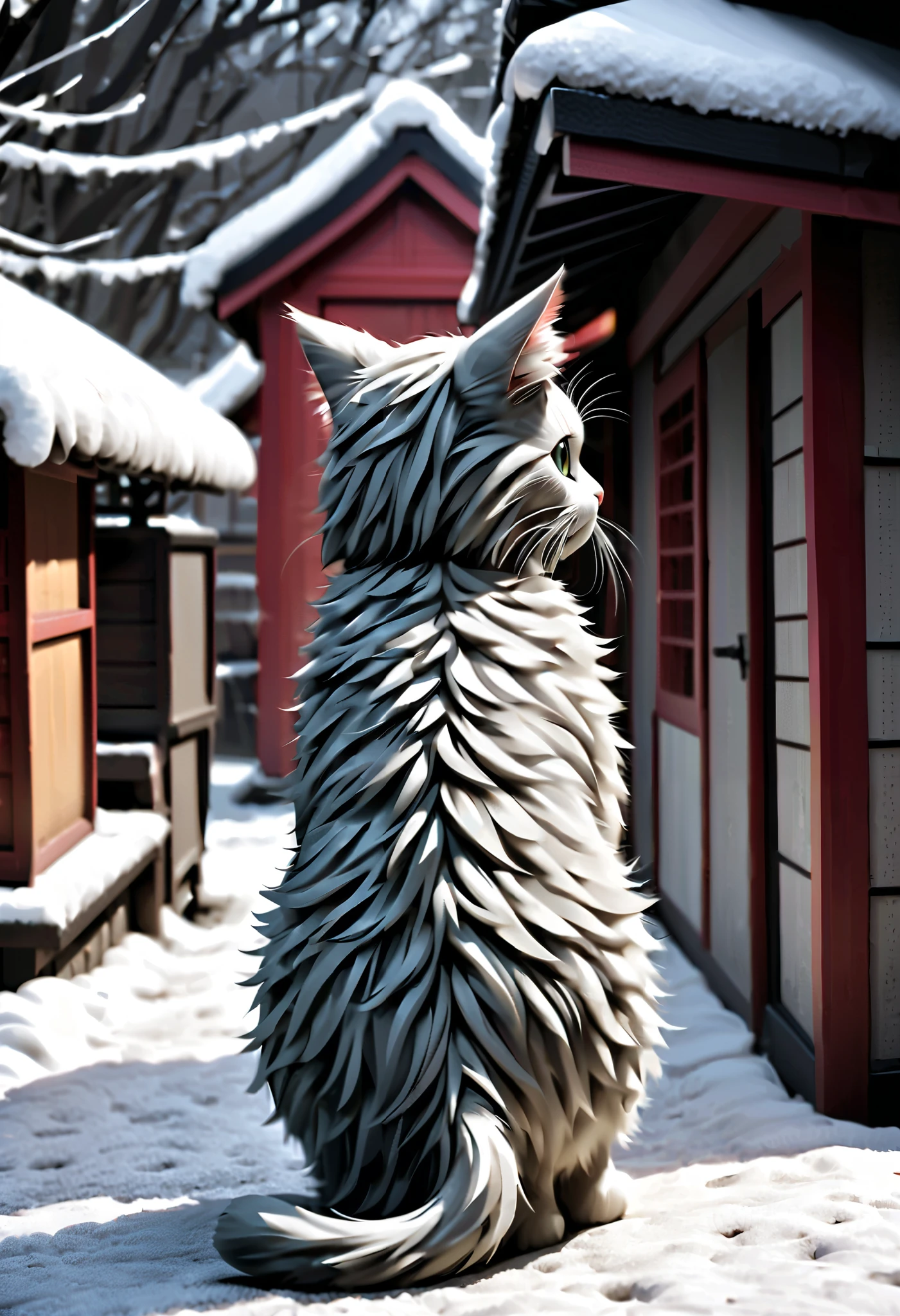 (Masterpiece), (top quality), (very detailed), 16k, wallpaper, Cat, (((Three-haired cat))), (High Definition, masterpiece, Accurate, top quality, High Definition model, high detail, (((The textures are soft))), ((matte and toy-like with a handmade premium look)), (((Tim Burton style))), Back alleys in snowy Japan,