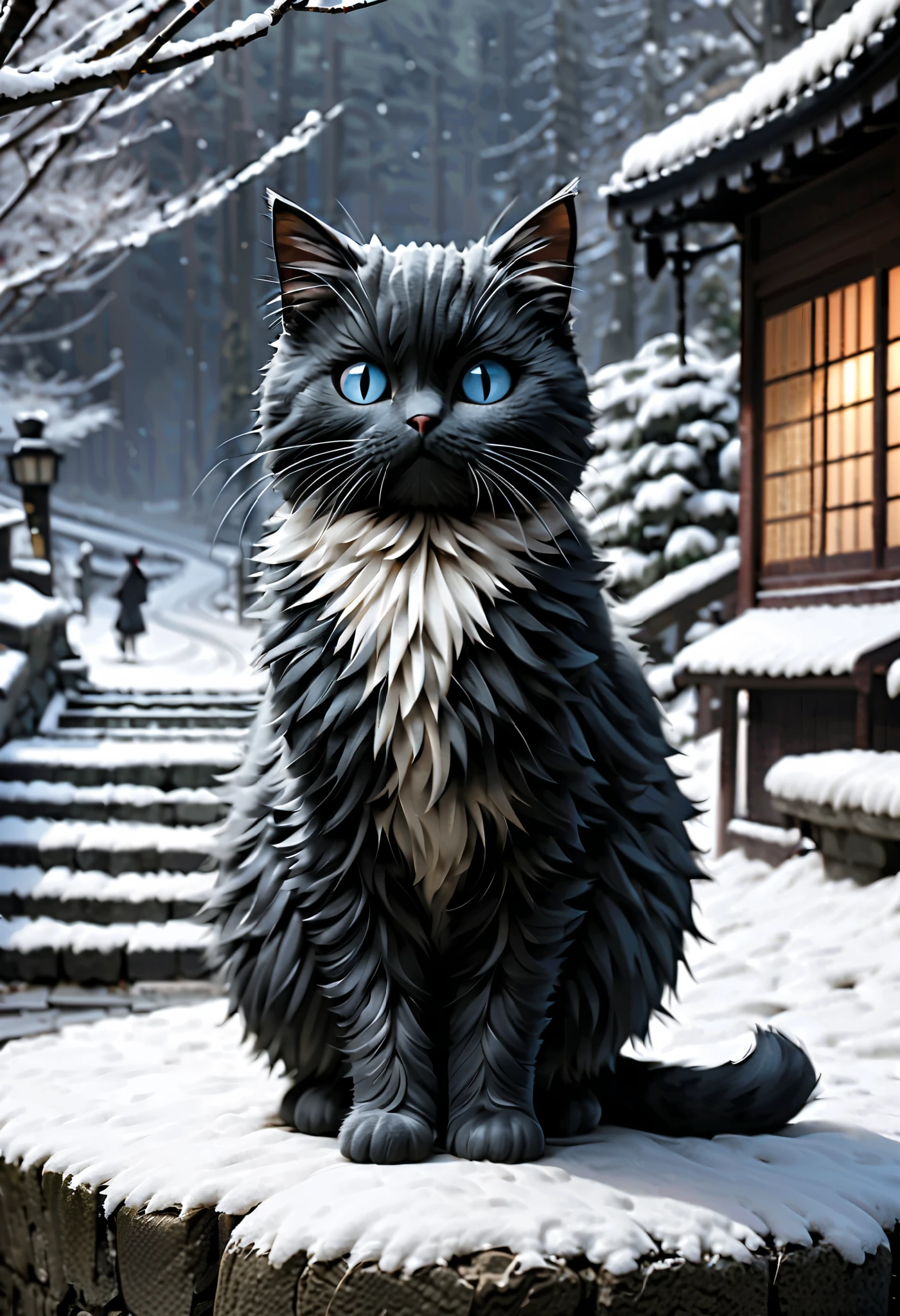 (Masterpiece), (top quality), (very detailed), 16k, wallpaper, Cat, (((Three-haired cat))), (High Definition, masterpiece, Accurate, top quality, High Definition model, high detail, (((The textures are soft))), ((matte and toy-like with a handmade premium look)), (((Tim Burton style))), Back alleys in snowy Japan,