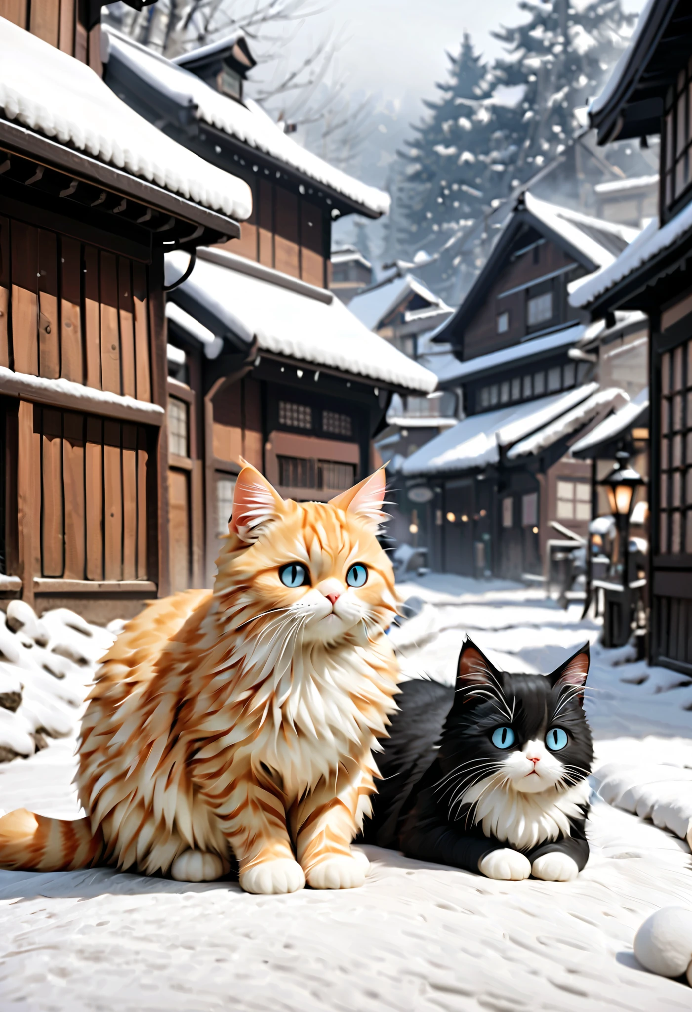 (Masterpiece), (top quality), (very detailed), 16k, wallpaper, big cat, (((Three-haired cat))), (High Definition, masterpiece, Accurate, top quality, High Definition model, high detail, (((The textures are soft))), ((matte and toy-like with a handmade premium look)), (((Tim Burton style))), Back alleys in snowy Japan,