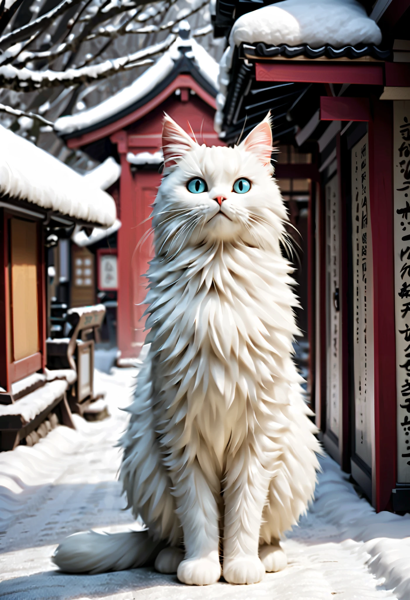 (Masterpiece), (top quality), (very detailed), 16k, wallpaper, big cat, (((Three-haired cat))), (High Definition, masterpiece, Accurate, top quality, High Definition model, high detail, (((The textures are soft))), ((matte and toy-like with a handmade premium look)), (((Tim Burton style))), Back alleys in snowy Japan,