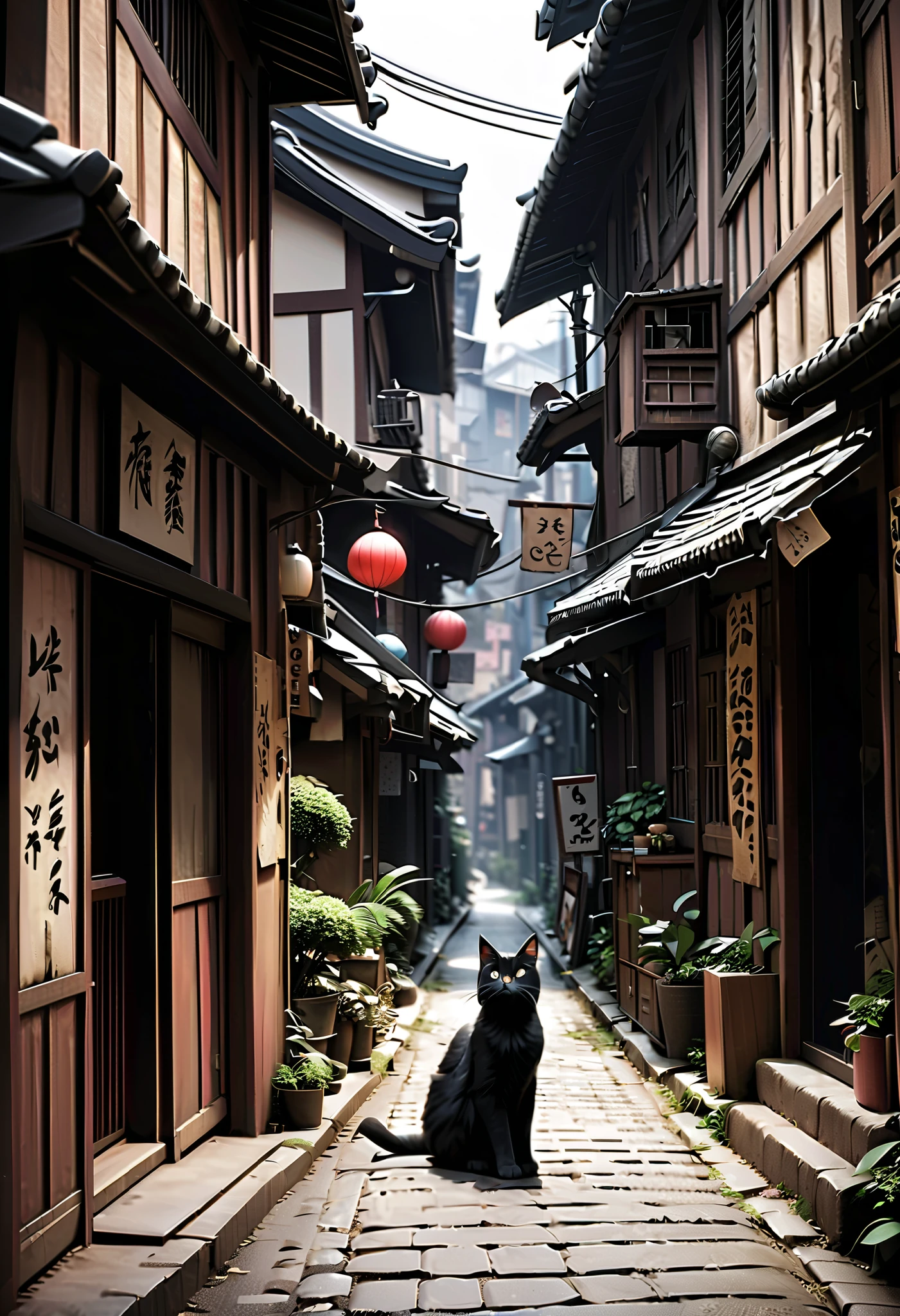 (Masterpiece), (top quality), (very detailed), 16k, wallpaper, Three-haired cat, (High Definition, masterpiece, Accurate, top quality, High Definition model, high detail, (((The textures are soft))), ((matte and toy-like with a handmade premium look)), (((Tim Burton style))), Old Japanese Townscapes, Alley mouth,