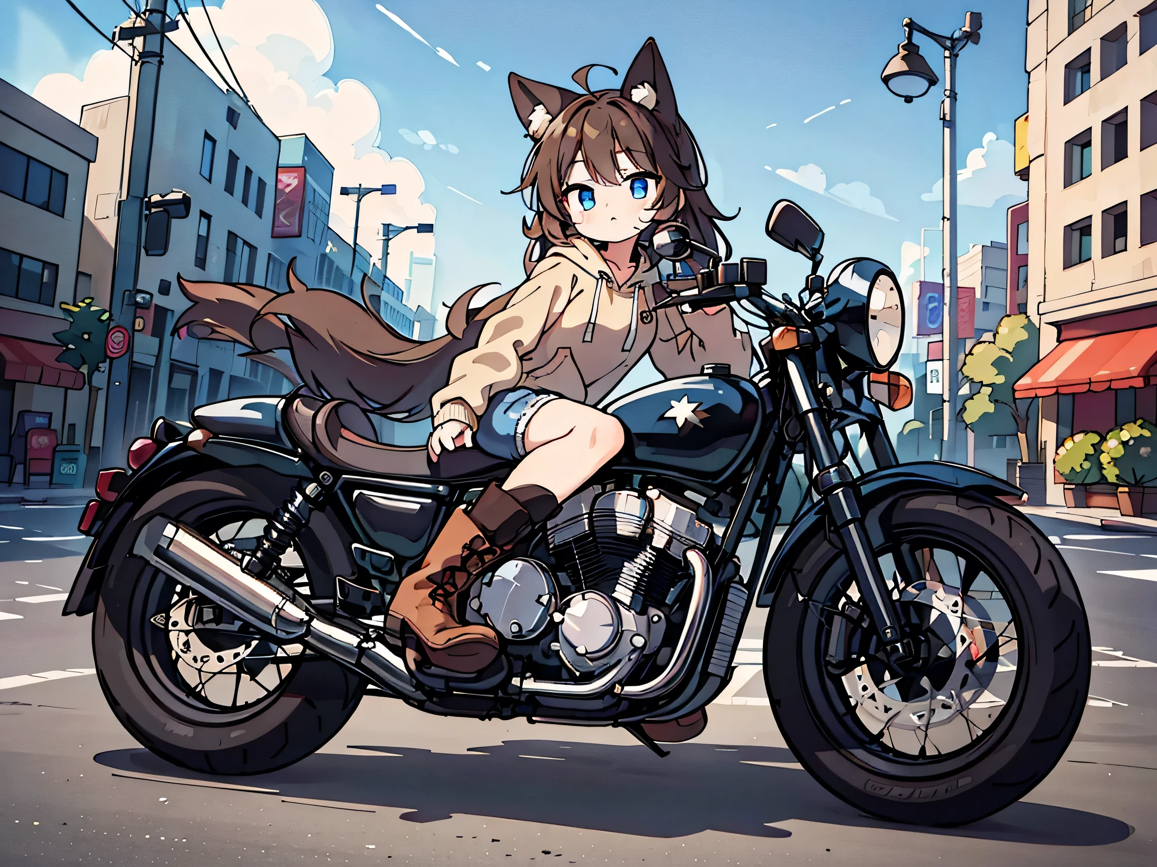 anime style、 fox ears、 brown hair、 woman、 blue eyes 、 beige hoodie、 shorts、 boots、I'm riding a dark blue motorcycle