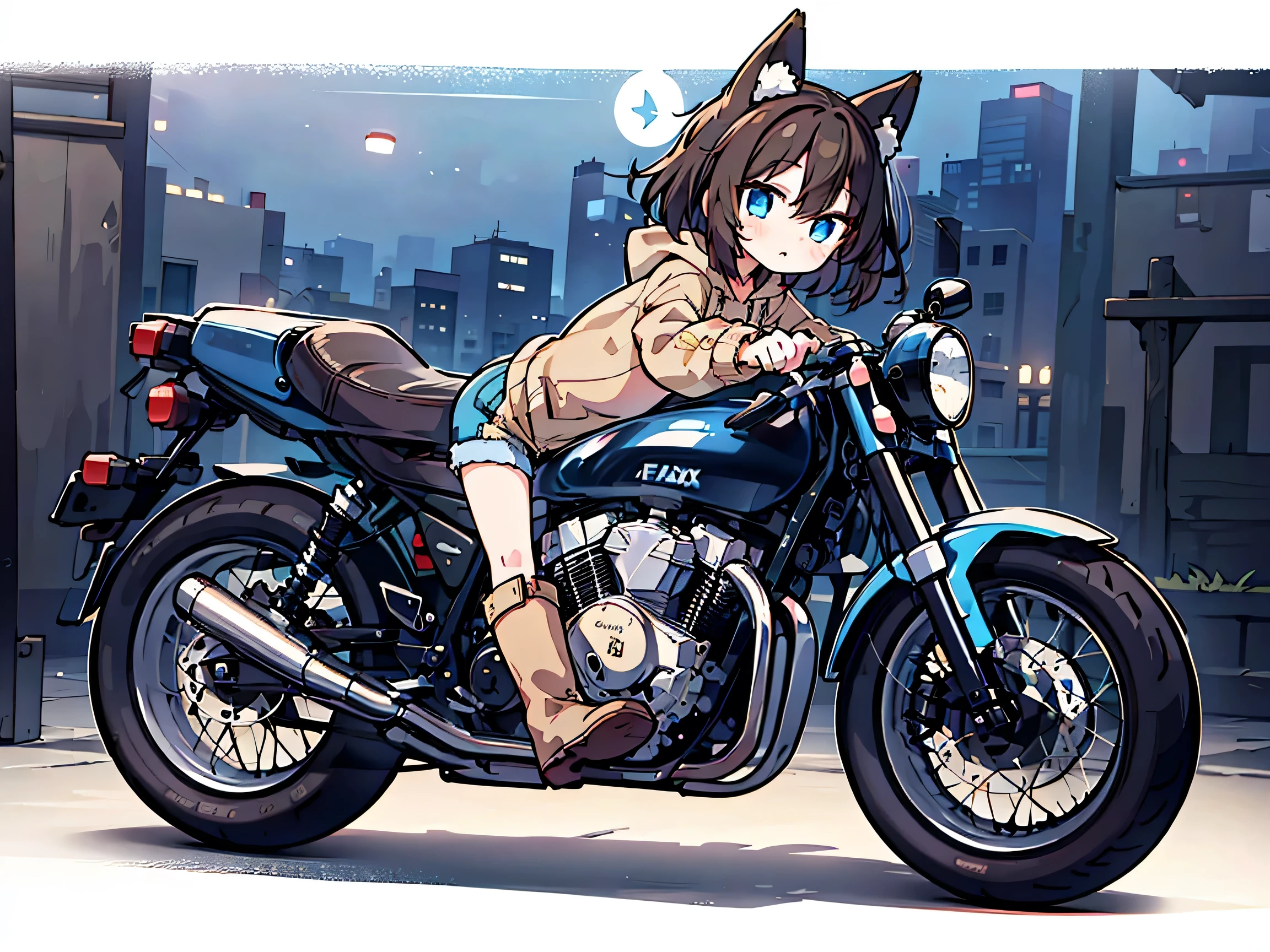 anime style、 fox ears、 brown hair、 woman、 blue eyes 、 beige hoodie、 shorts、 boots、I'm riding a dark blue motorcycle