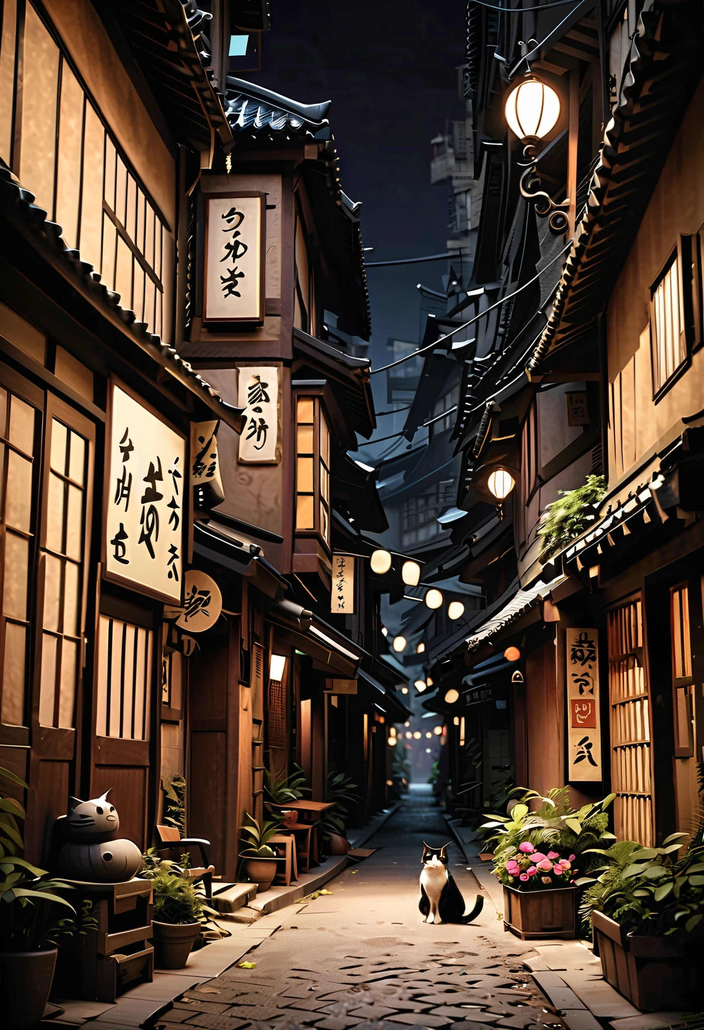 (Masterpiece), (top quality), (very detailed), 16k, wallpaper, Three-haired cat, (High Definition, masterpiece, Accurate, top quality, High Definition model, high detail, (((The textures are soft))), ((matte and toy-like with a handmade premium look)), (((Tim Burton style))), Old Japanese Townscapes, Alley mouth,