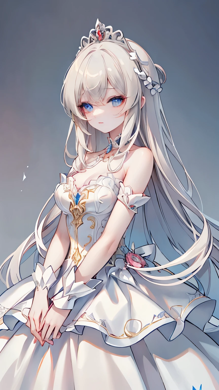 A woman in a white dress holds a music box, artwork in the style of Gwaiz, Gwaiz on pixiv artstation, Gwaiz on artstation pixiv, Gwaiz, Fantasy art style , Gwaiz masterpiece, Beautiful and Elegant Queen , beautiful character drawing , Detailed Digital Anime Art , blonde princess raising her cheeks, gray hair, Sky Blue Eyes , pink lips
