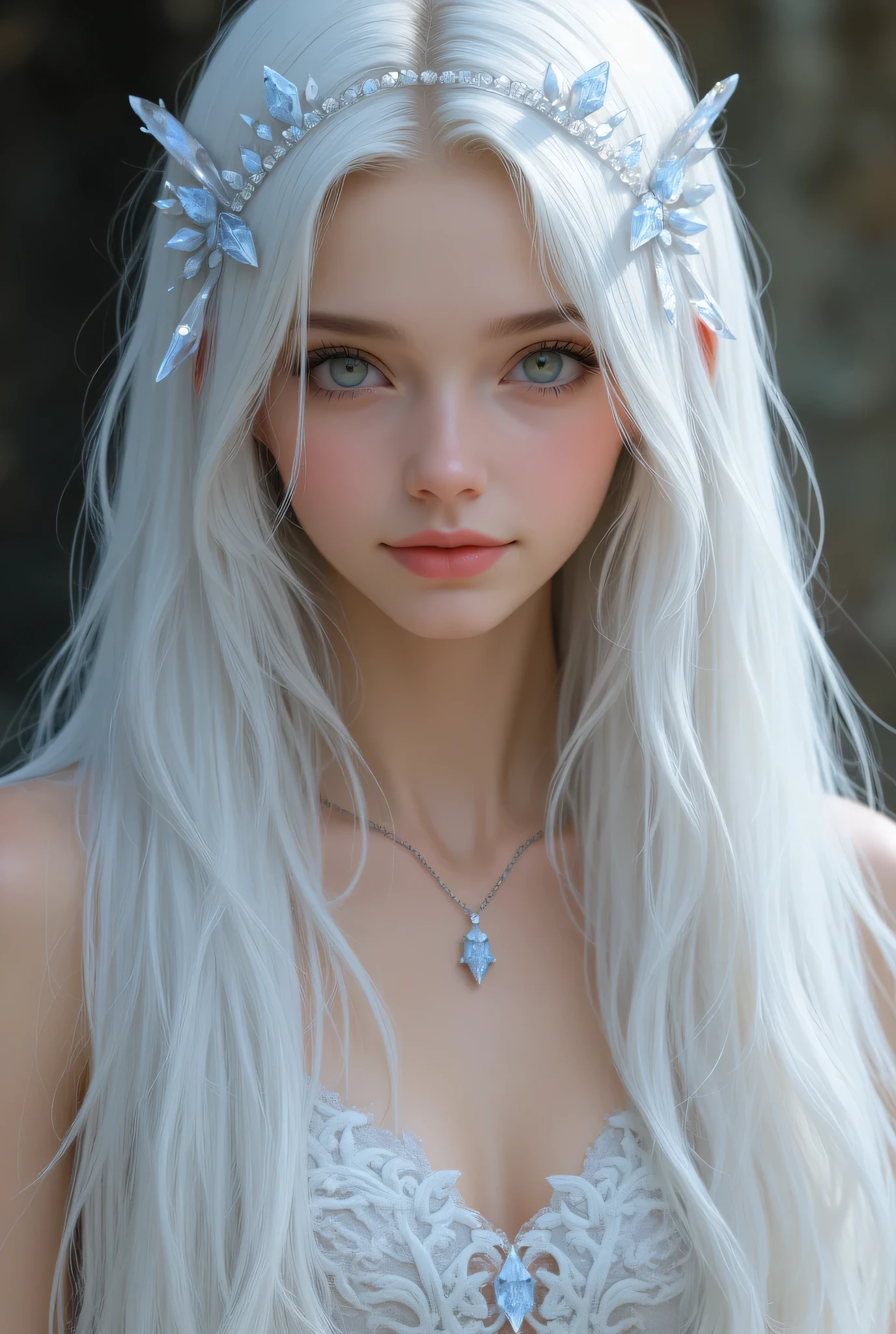close-up portrait of a young crystal mage, head and shoulders, long white hair adorned with small crystals, slightly glowing skin, **looking directly at the camera with a calm and friendly expression**, wearing a light dress embroidered with crystals, soft lighting, ethereal atmosphere, realistic, highly detailed,
