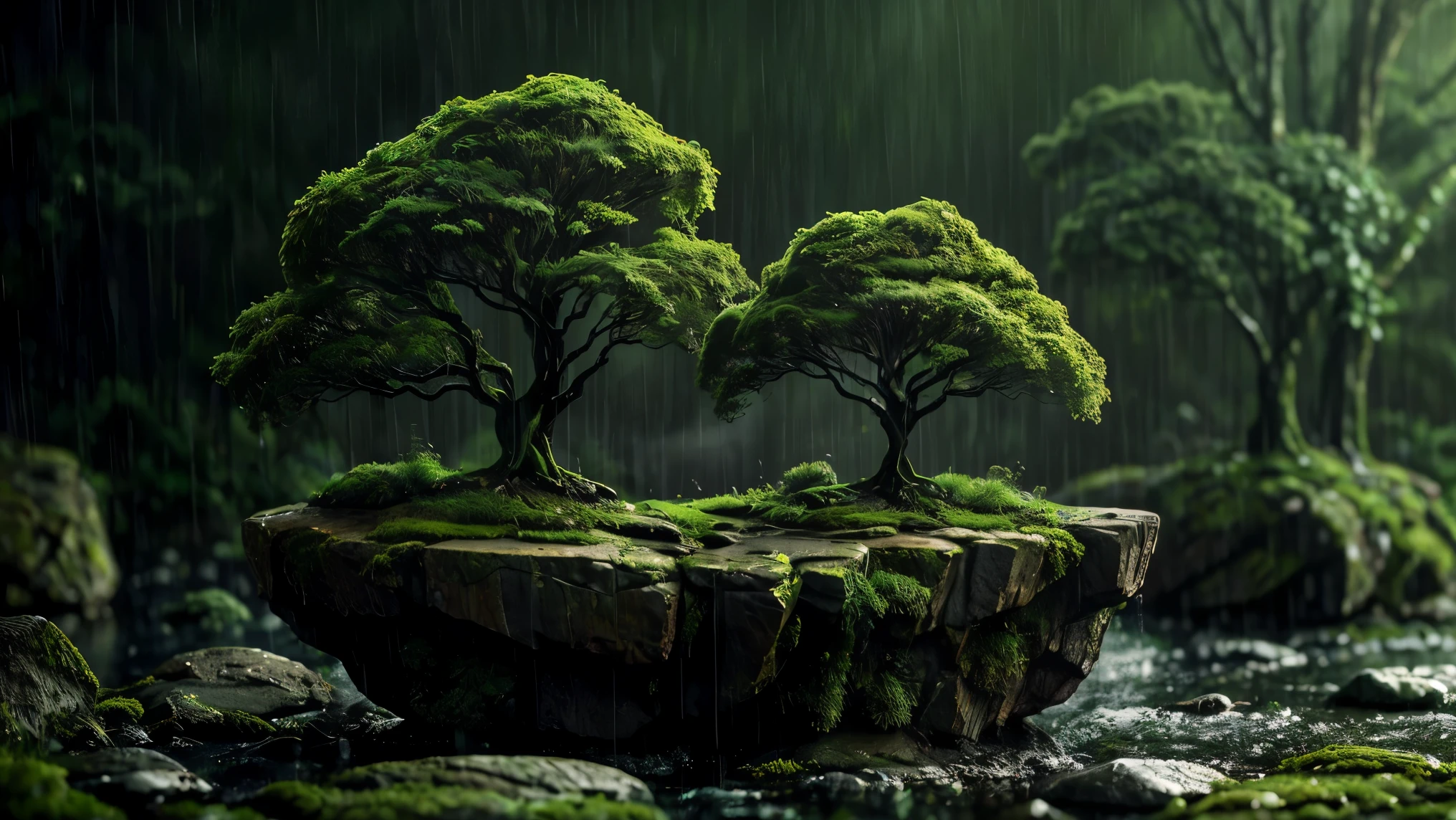 A quiet little forest , without a trace of man . Thin rain falls drenching the foliage , leaving a damp glow in over the moss that envelops the boulders . The air feels cool and fresh , with the scent of wet earth merging with the gentle gusts of wind . In the distance , a faint towering mountain , shrouded in thin mist dancing among the trees . The slightly blurry foreground adds depth , as if inviting to go further into the green silence full of mystery.