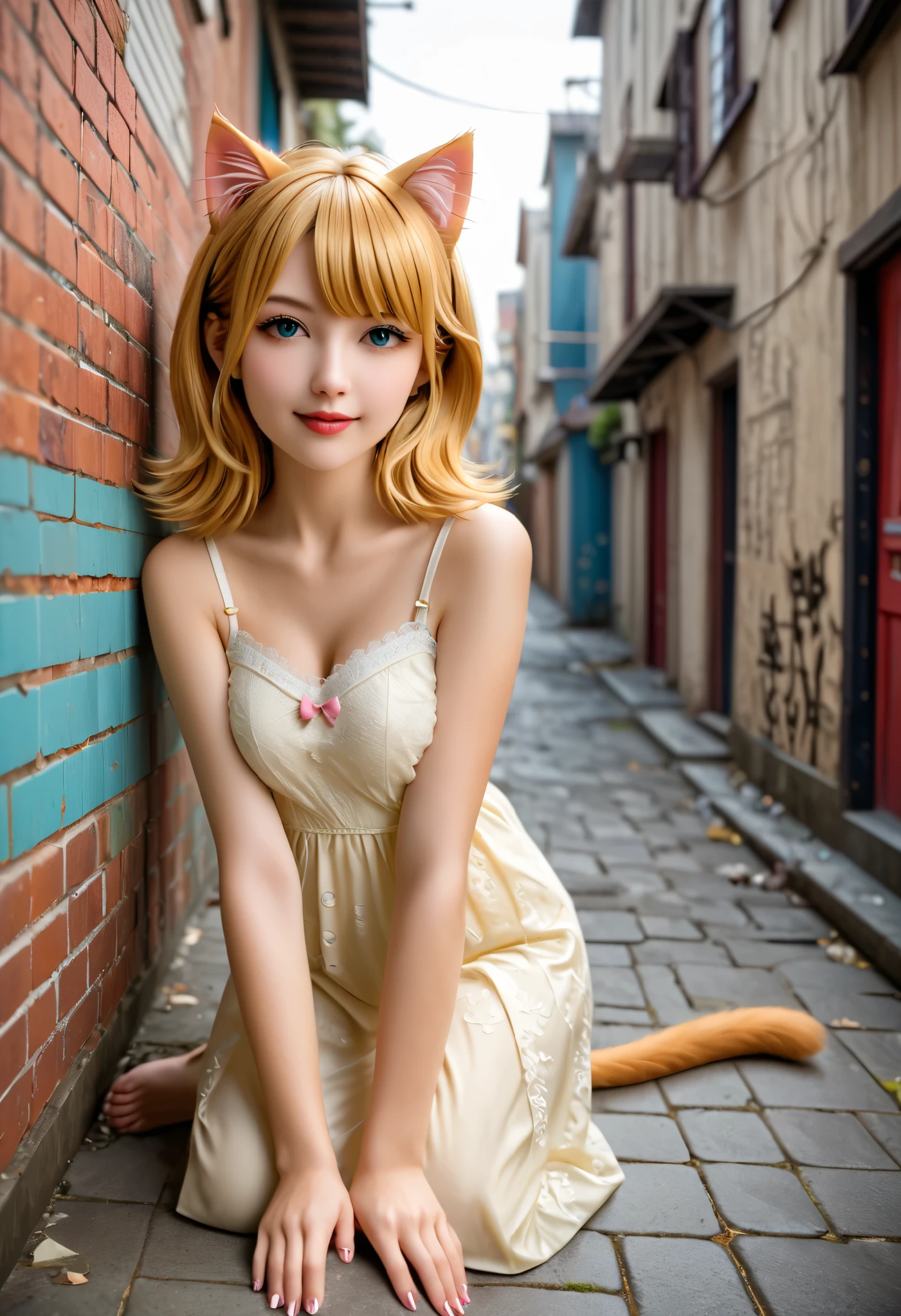 (Masterpiece), (top quality), (very detailed), 16k, wallpaper, Three-haired cat, (High Definition, masterpiece, Accurate, top quality, High Definition model, high detail, (((The textures are soft))), ((matte and toy-like with a handmade premium look)), (((Tim Burton style))), Old Japanese Townscapes, Alley mouth,
