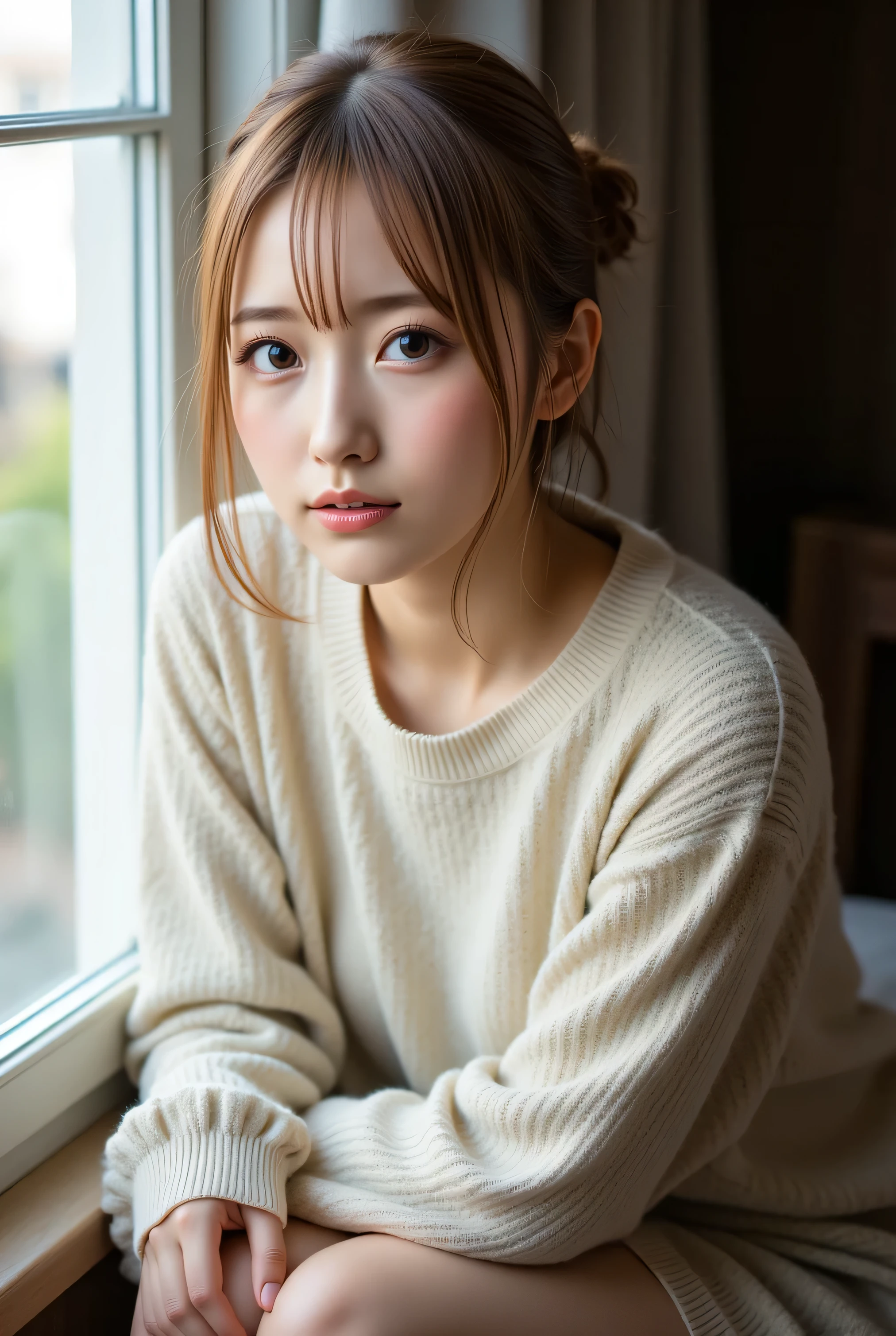 A woman sitting by a window in a side profile pose, gazing outside with a pensive expression. She has blonde hair in a loose bun, wears a cream-colored knitted sweater, and rests her arms gently crossed on her lap. The soft, natural light from the window highlights her face, creating a warm, intimate atmosphere. The background outside the window is slightly blurred.