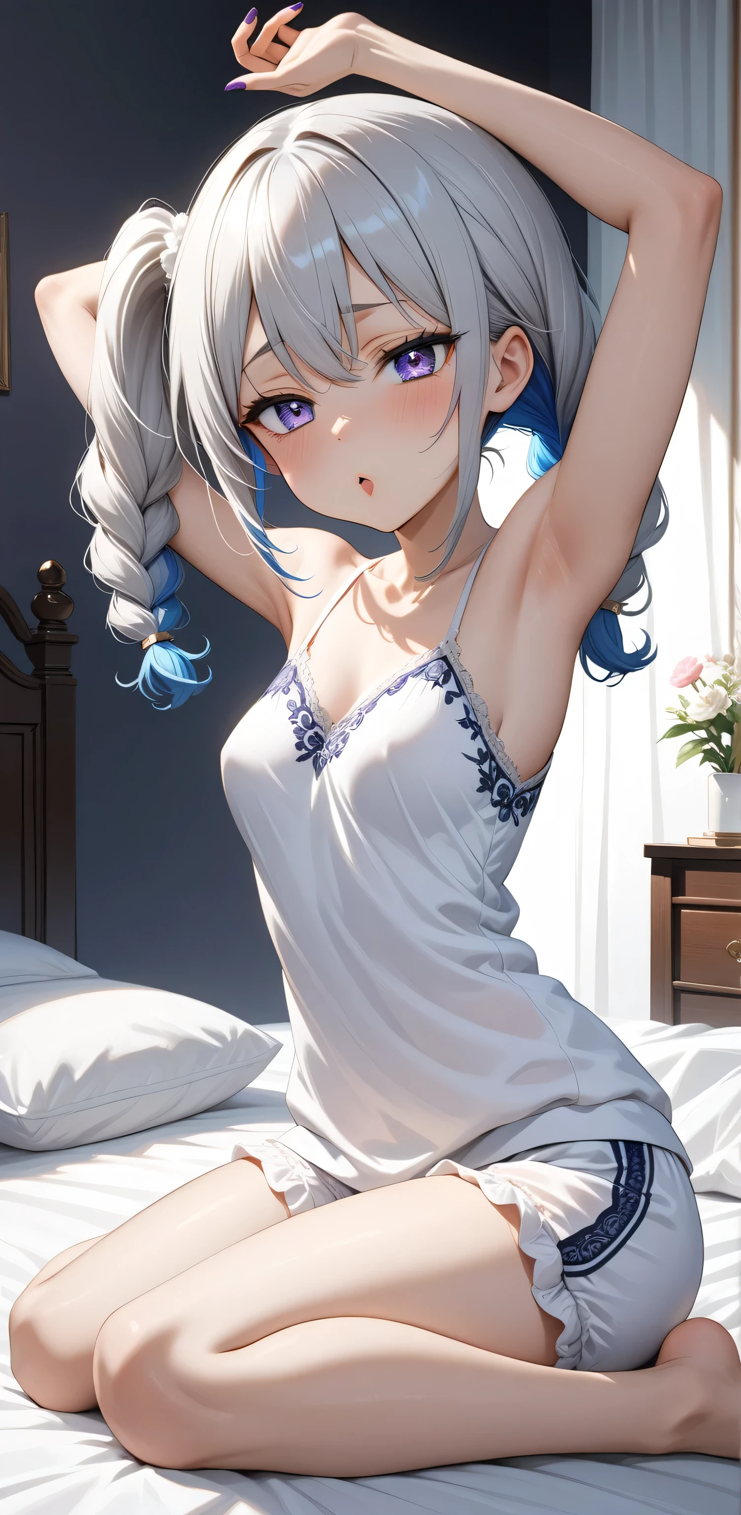 Full body, ((Random Sexy pose)), (elegant mature women), ((Ultra detailing)), (very aesthetic, best quality, ultra detailed), intricate details,
1girl, silver hair, Blue inner hair ,Side ponytail ,(blue-Purple eyes),((Detailed eyes)), ((Beautifull eyes)), ((prefect eyes)), sharp jawline, long hair, Medium breasts, shy, Licking her lips, Blush, Small breast, white bloomers, white camisole, print, full body shot , twinbraids, stretching, yawning, one arm up Armpit, cute feets, nail polish, bed room, looking at viewers