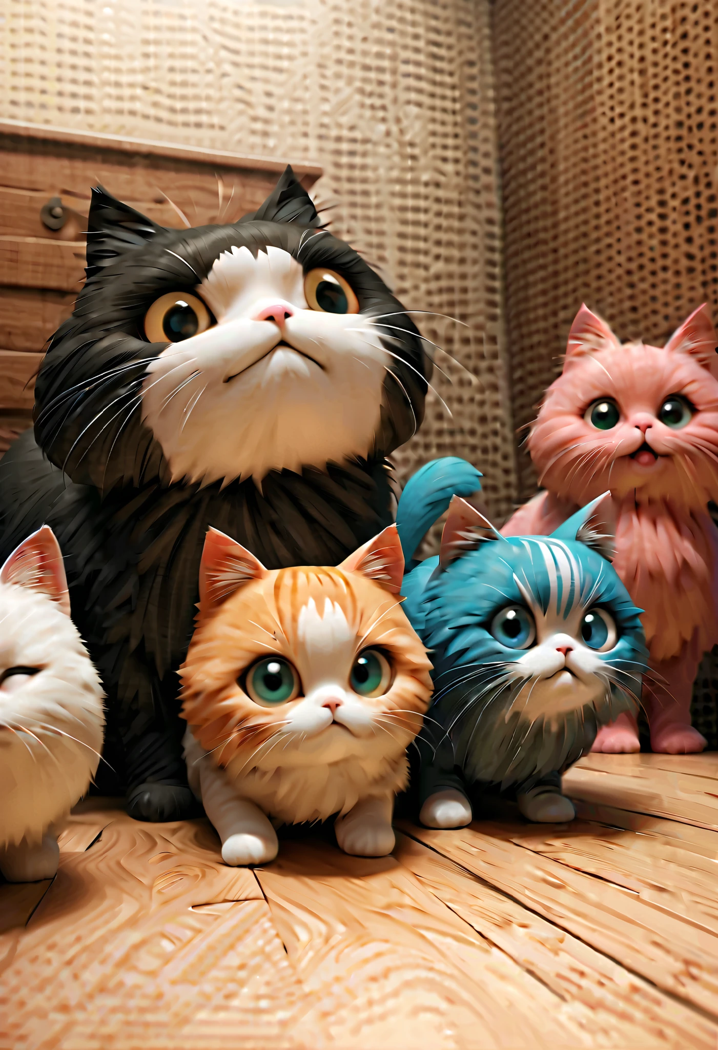 (Masterpiece), (top quality), (very detailed), 16k, wallpaper, Three-haired cat, (High Definition, masterpiece, Accurate, top quality, High Definition model, high detail, (((The textures are soft))), ((matte and toy-like with a handmade premium look)), (((Tim Burton style))), Old Japanese Townscapes, Alley mouth,